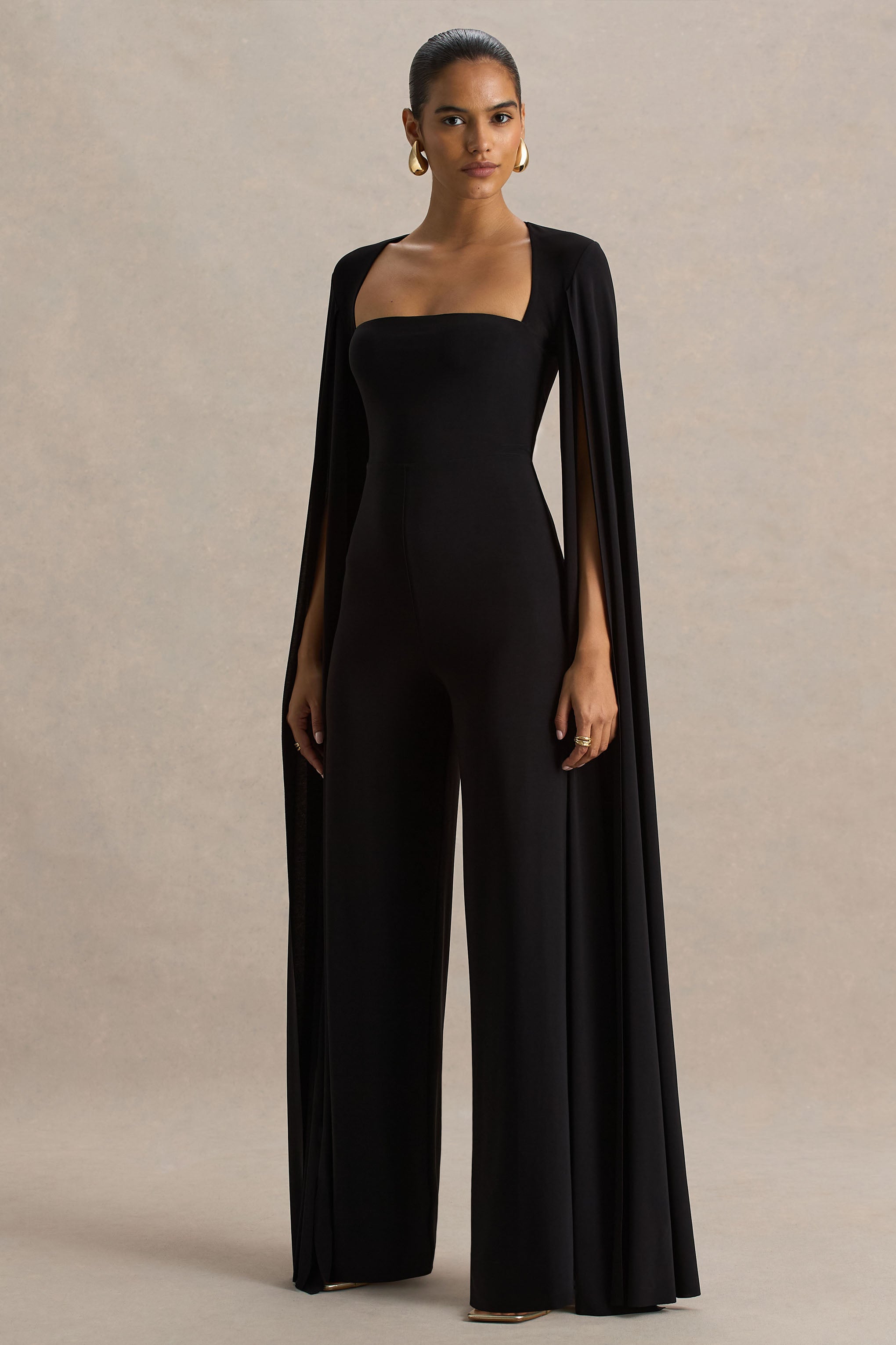 Zara | Black Square-Neck Jumpsuit With Cape Sleeves-Sowoom