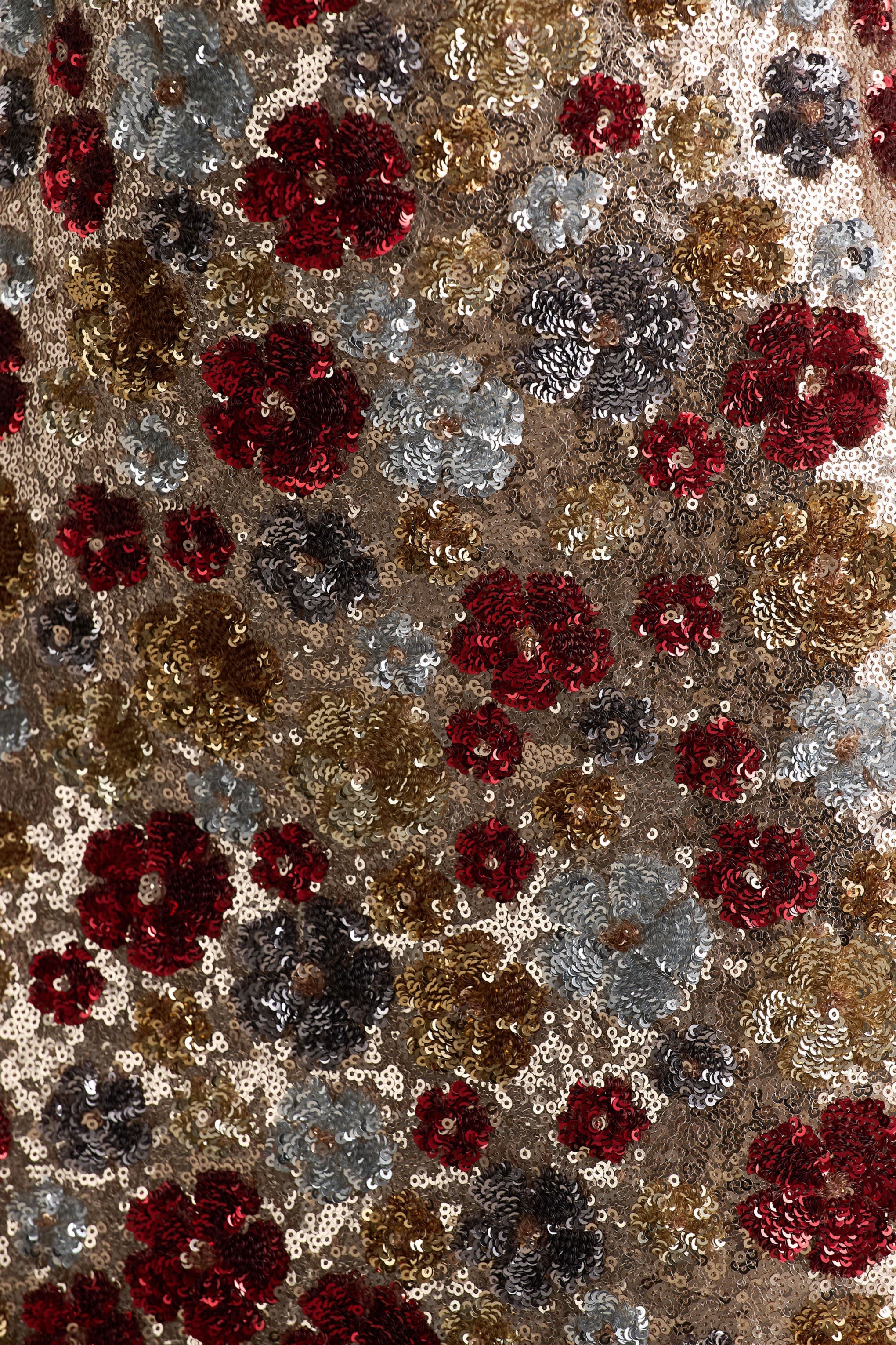 Vitora | Red Floral Embellished Sequin Square-Neck Maxi Dress-Sowoom