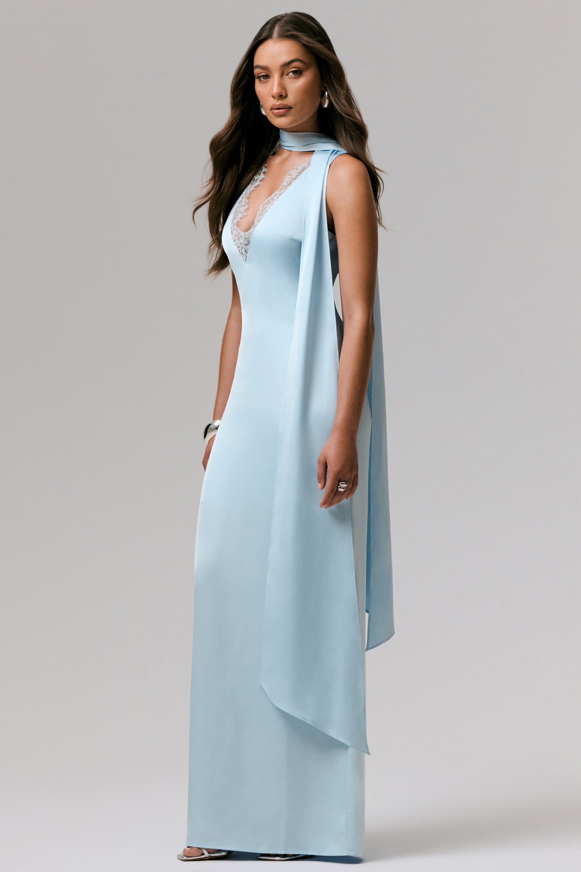 True Icon | Powder Blue Satin V-Neck Maxi Slip Dress With Sash-Sowoom