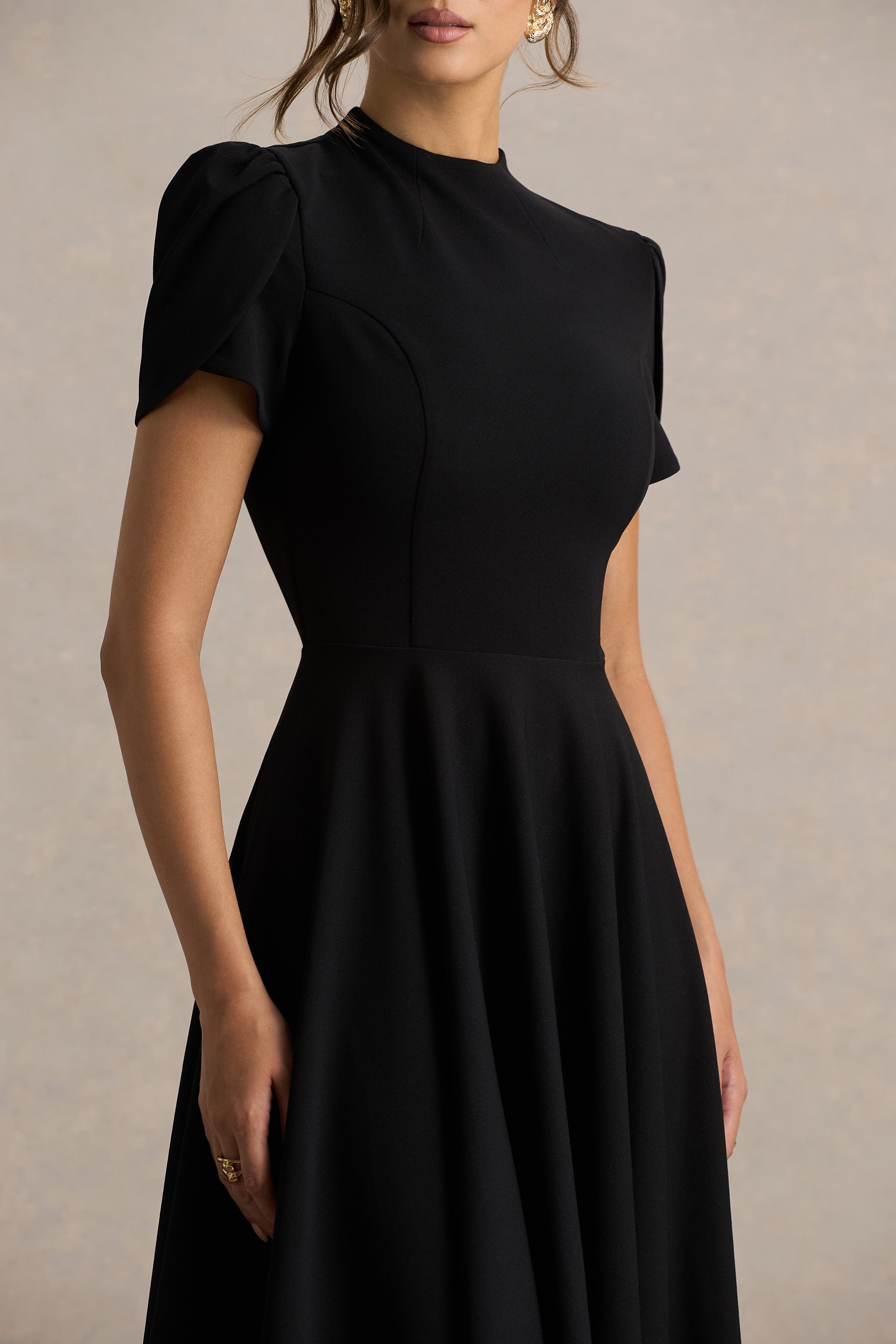 Vicky | Black High Neck Midi Dress With Puff Sleeves-Sowoom