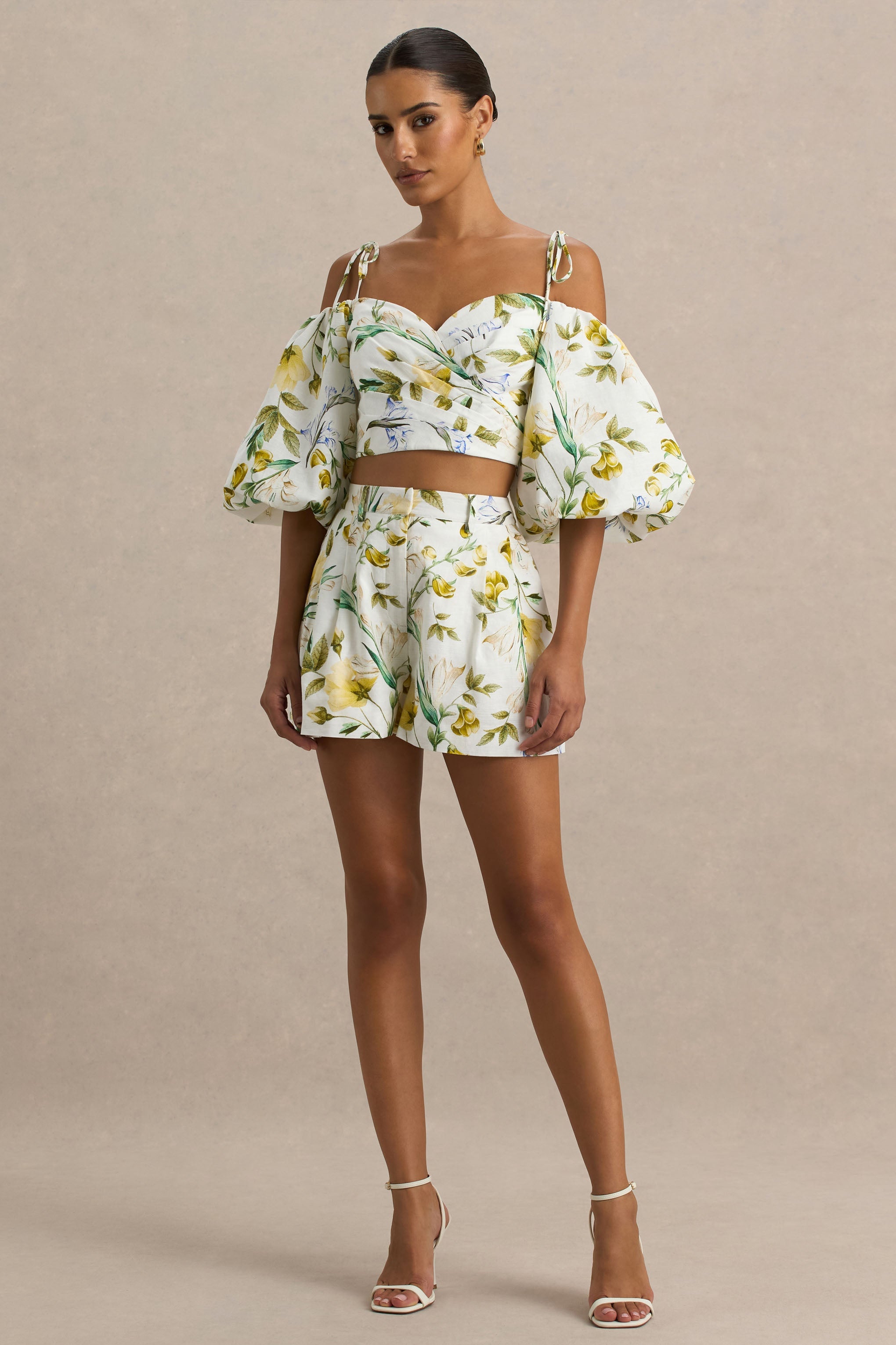 Pixel | White Botanical Print Shorts-Sowoom