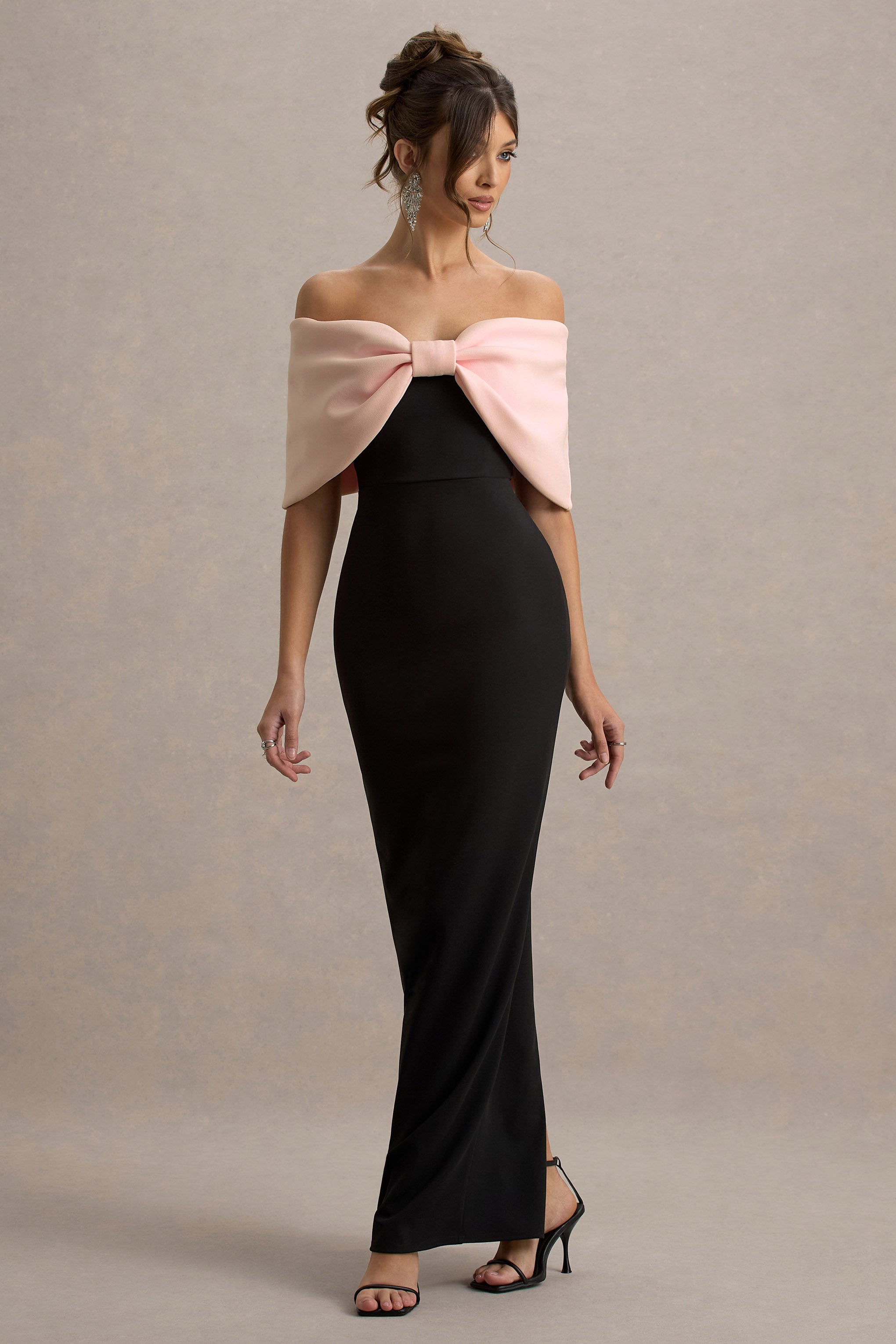 Cornelia | Pink & Black Strapless Maxi Dress With Oversized Bow-Sowoom