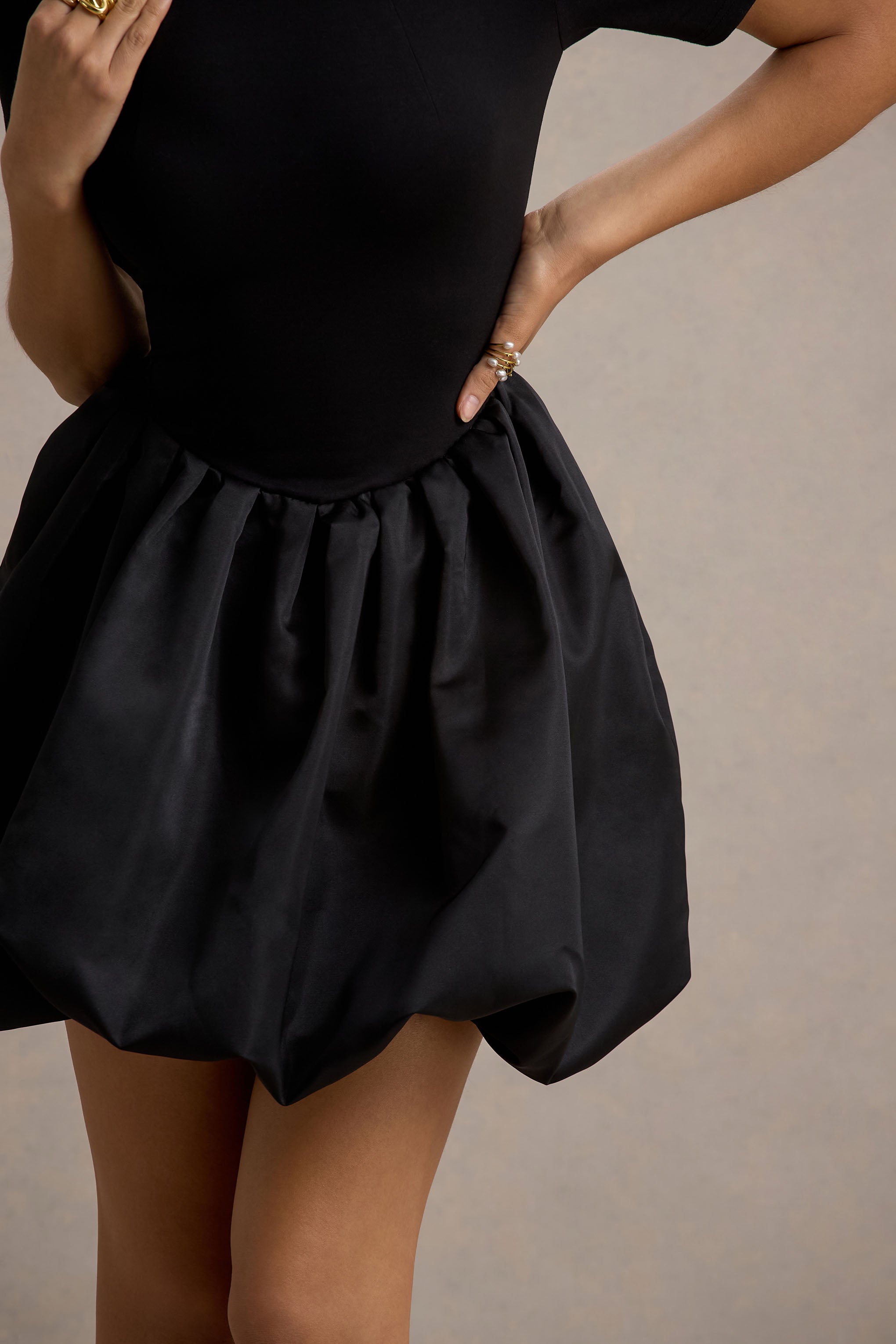 Blake | Black Short-Sleeve Mini Dress With Satin Puffball Skirt-Sowoom