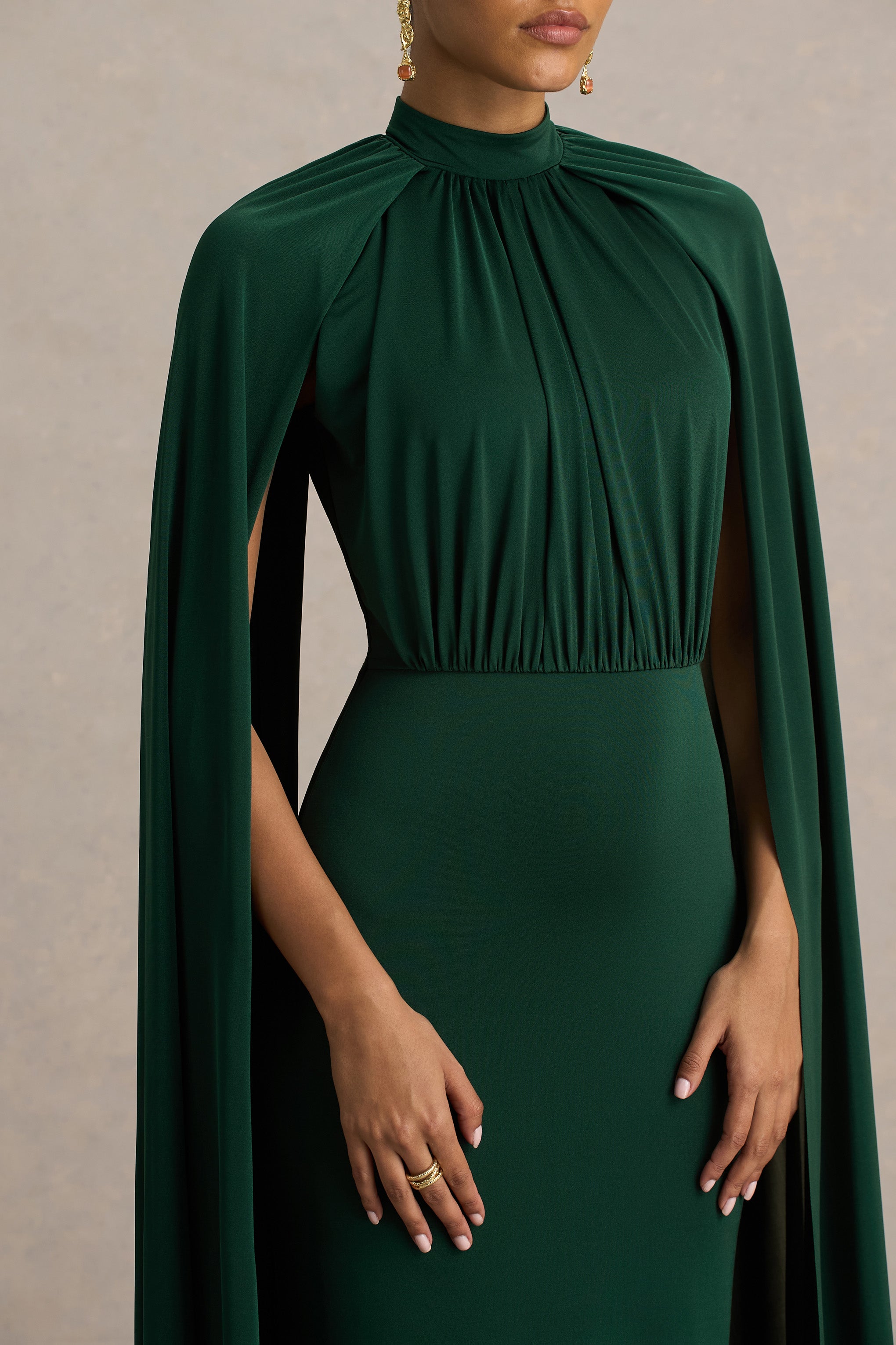Darielle | Bottle Green High-Neck Cape-Sleeve Maxi Dress-Sowoom