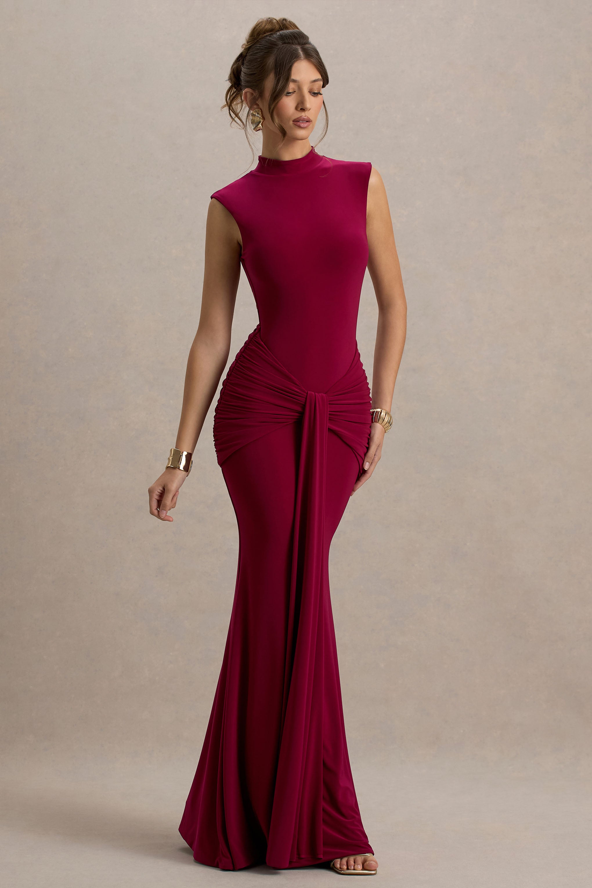 Graziana | Burgundy High-Neck Gathered Draped Maxi Dress-Sowoom