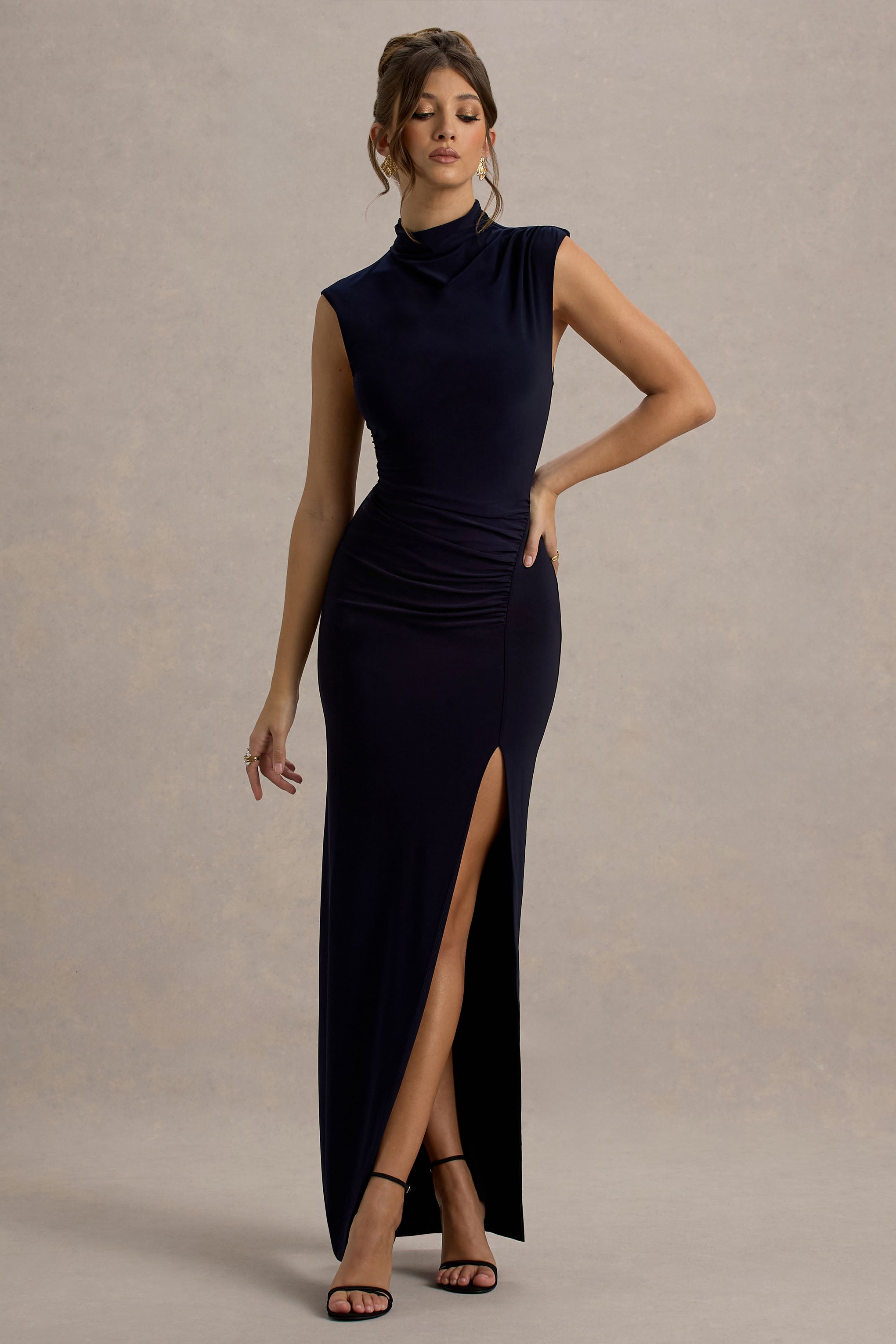 Lanetta | Navy Ruched High-Neck Maxi Dress With Split-Sowoom
