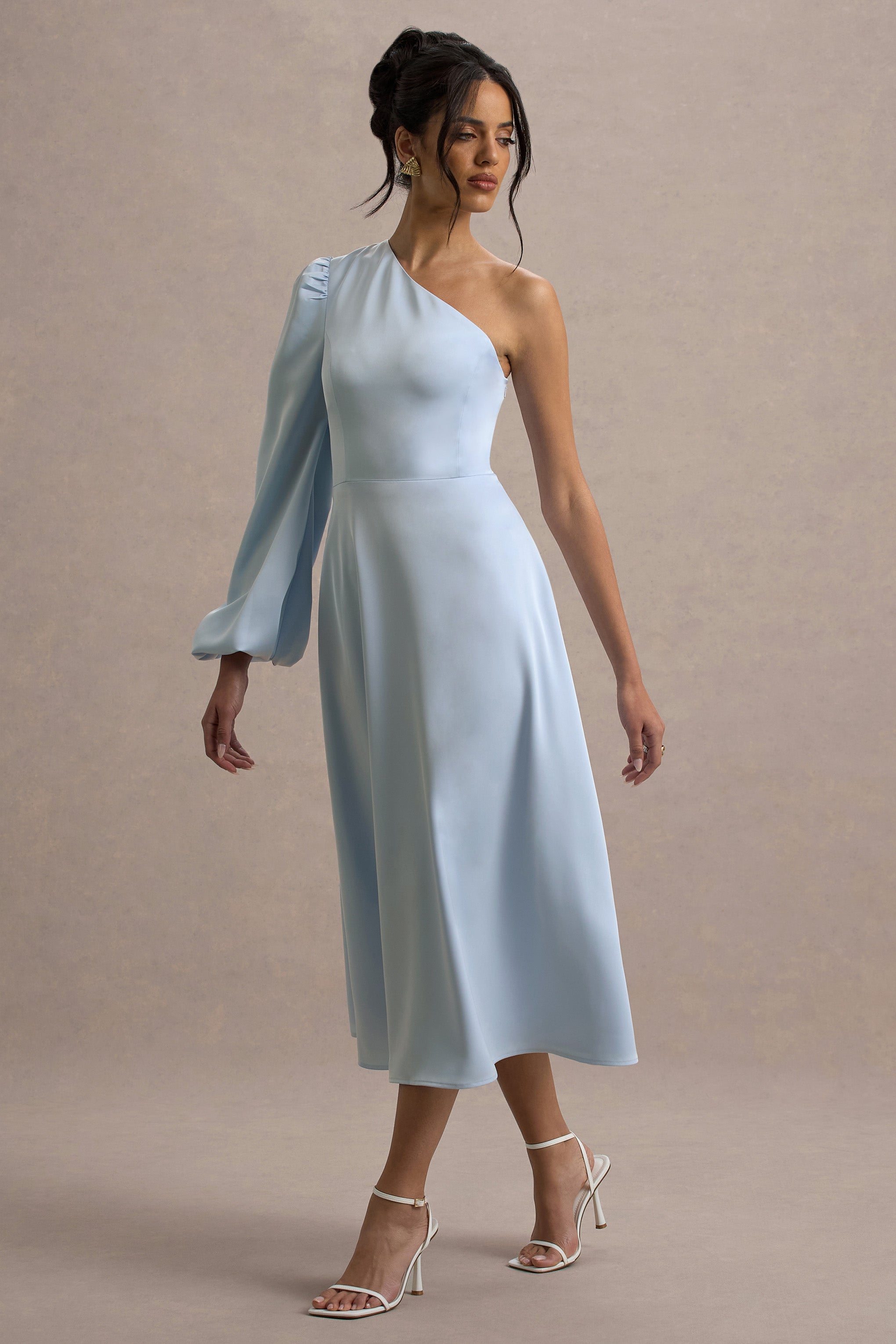 Haila | Powder Blue Satin One-Shoulder Midi Dress-Sowoom