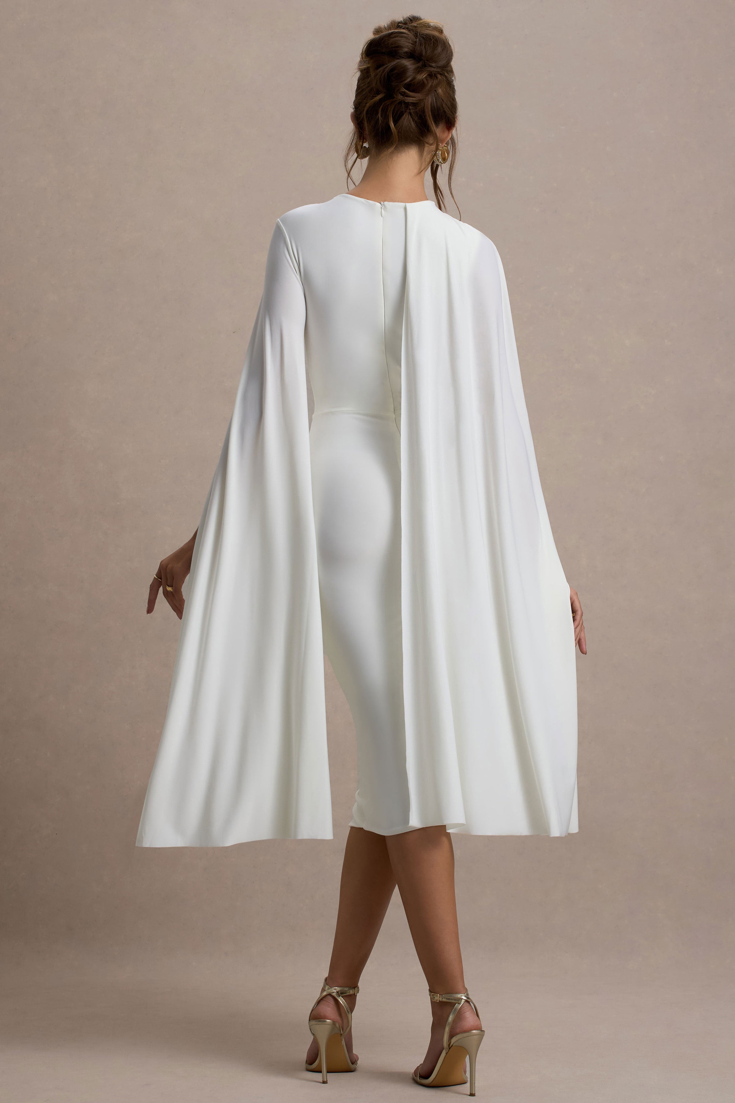 Marysol | White Asymmetric Cape Midi Dress-Sowoom