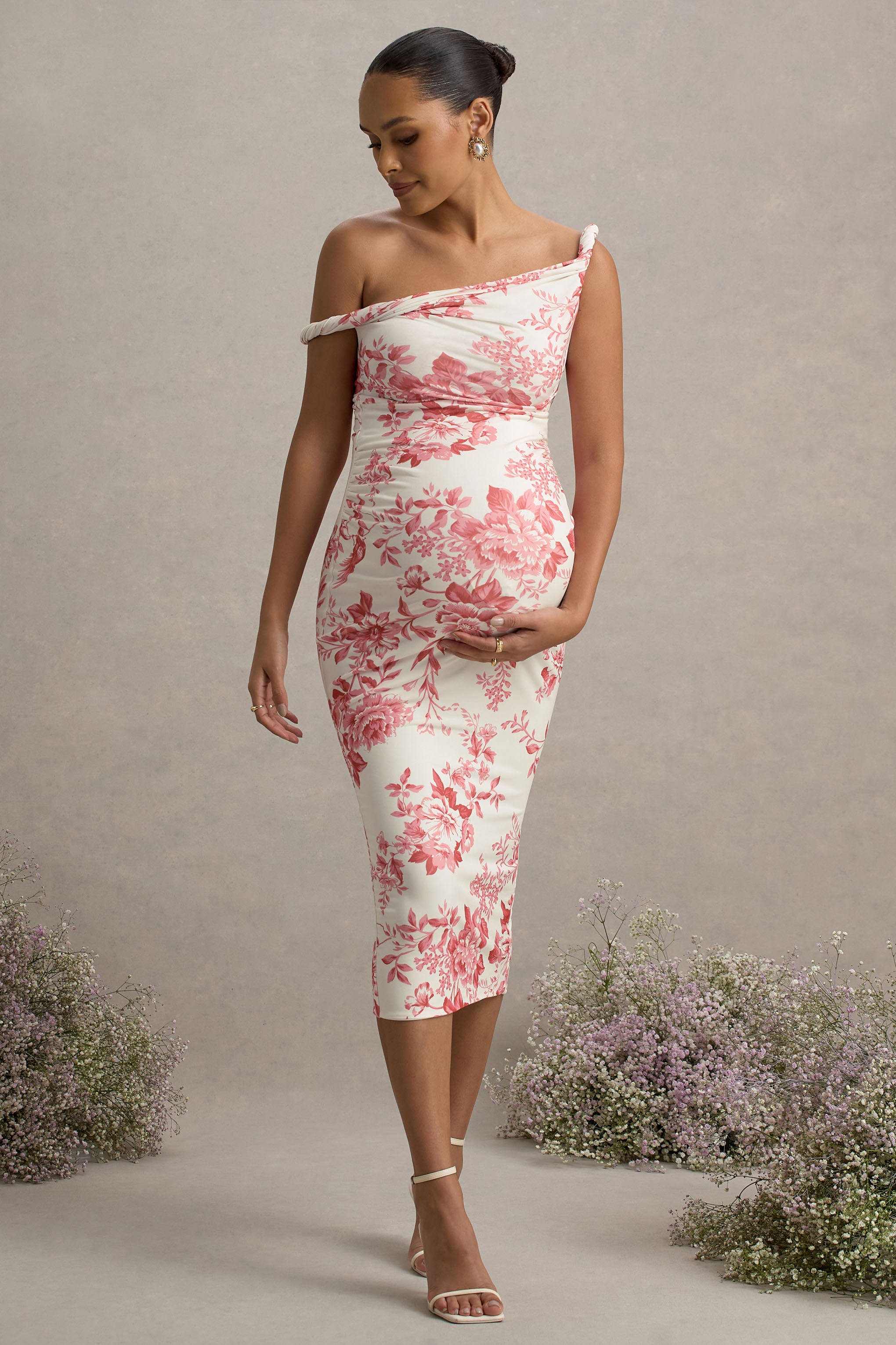 Salome | Pink Floral Print Twisted Asymmetric Maternity Midi Dress-Sowoom
