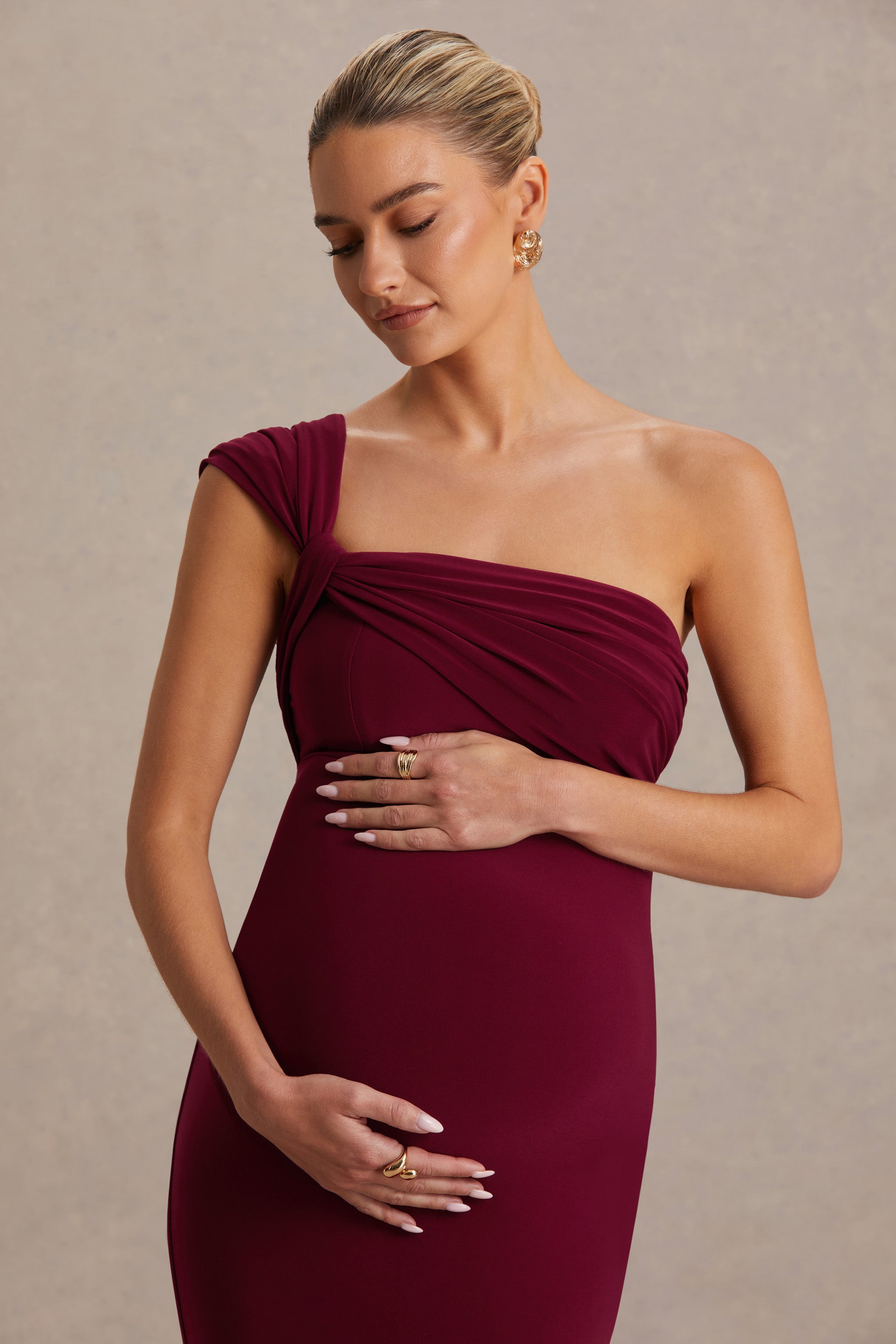 Mila | Burgundy Asymmetric-Neck Maternity Maxi Dress-Sowoom
