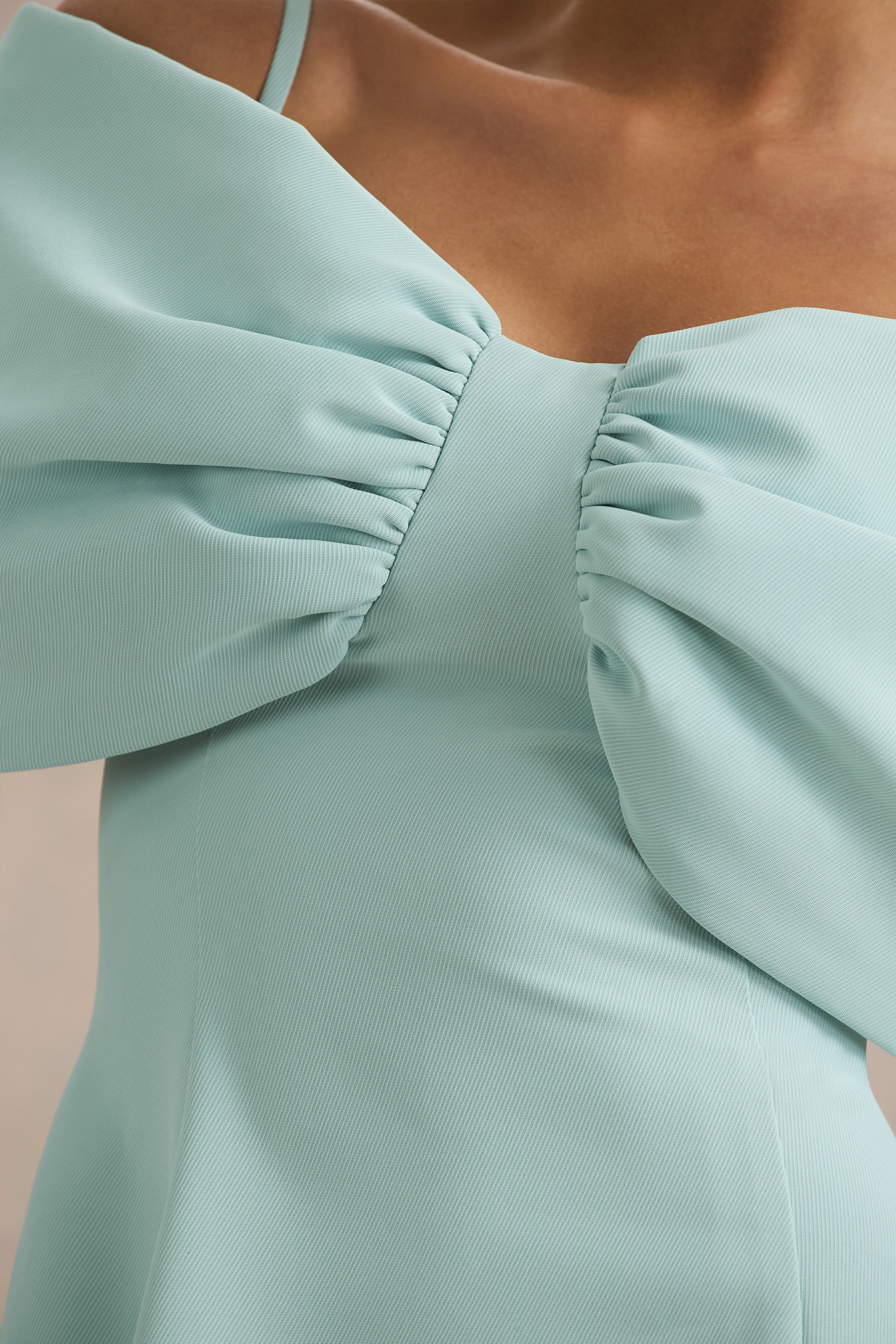 Faria | Light Blue Short-Sleeve Bardot Mini Dress With Bow Detail-Sowoom