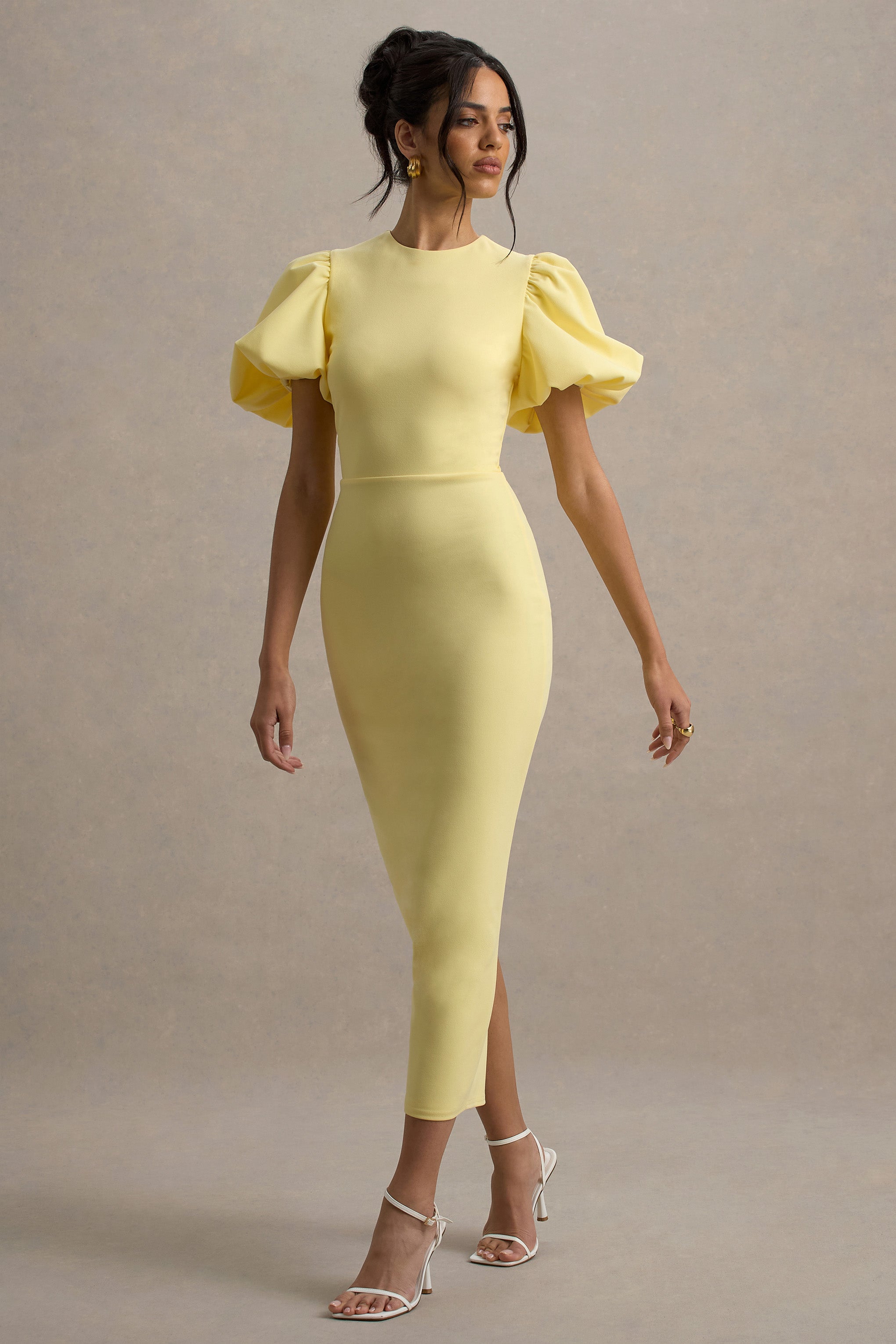 Dakota | Lemon Puff-Sleeve Midi Dress-Sowoom