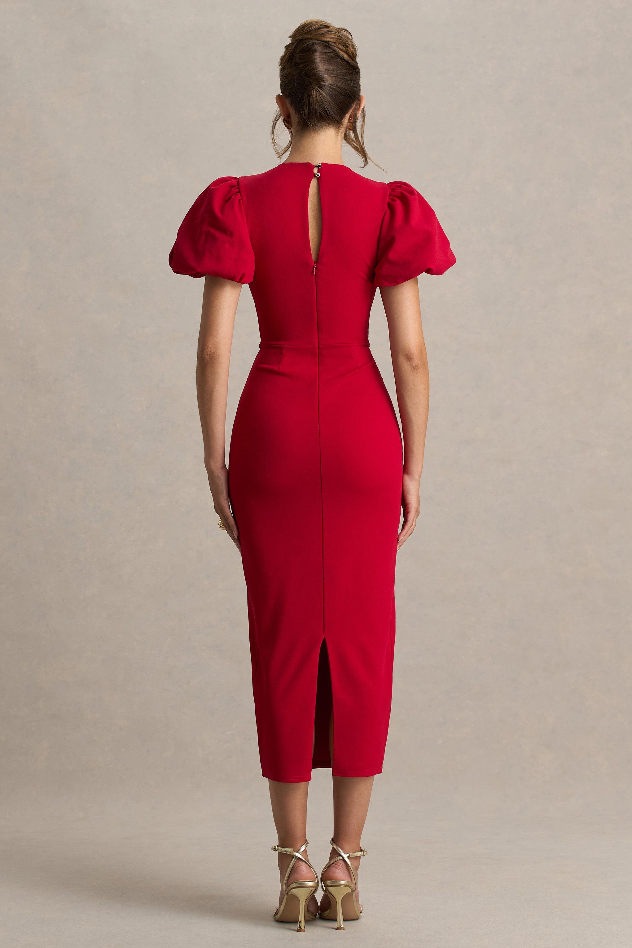 Dakota | Red Puff-Sleeve Midi Dress-Sowoom