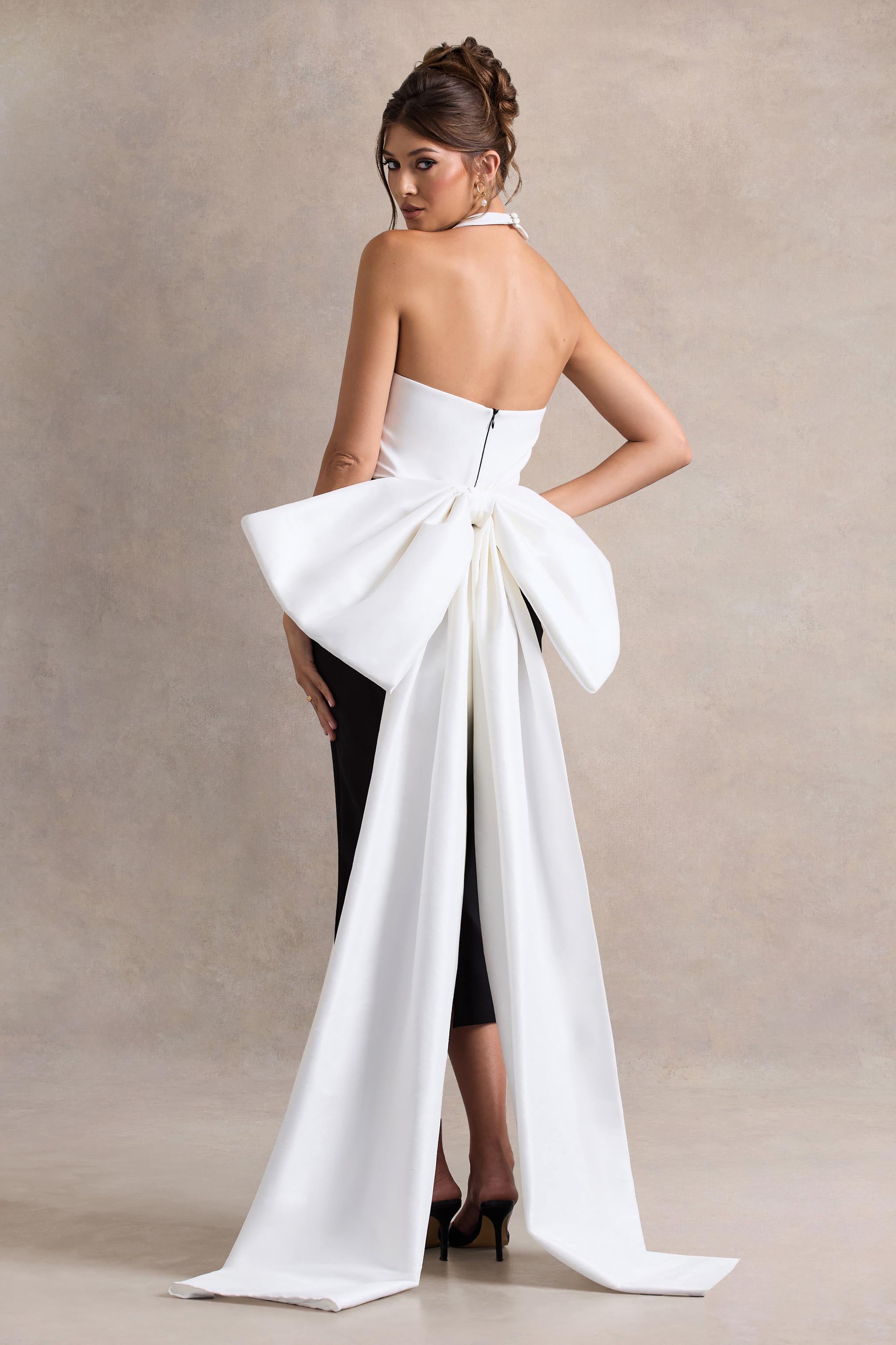 Blanca | Black & White Halter-Neck Cut-Out Midi Dress With Oversized Bow-Sowoom