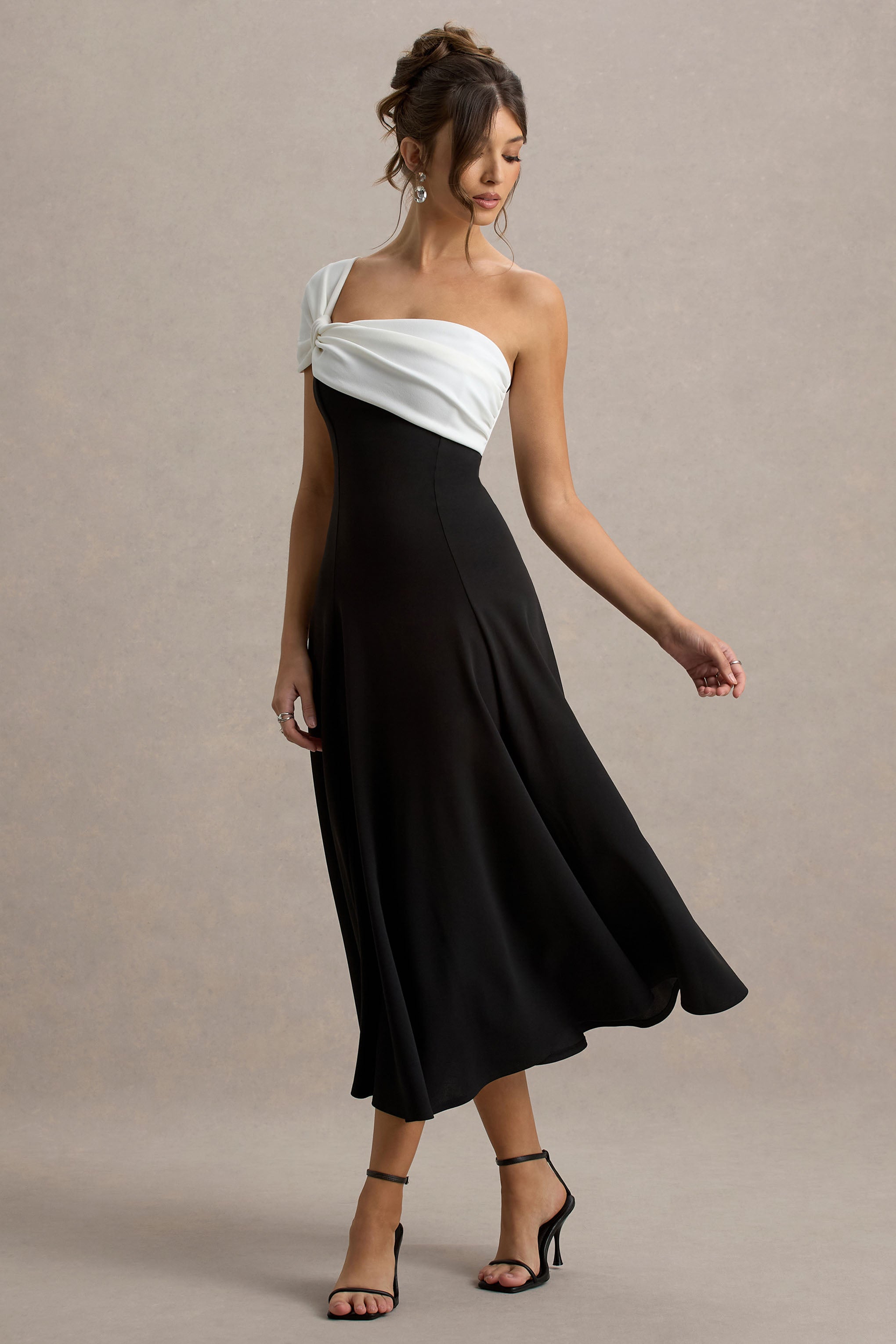 Malta | Black & White One-Shoulder Midi Dress-Sowoom