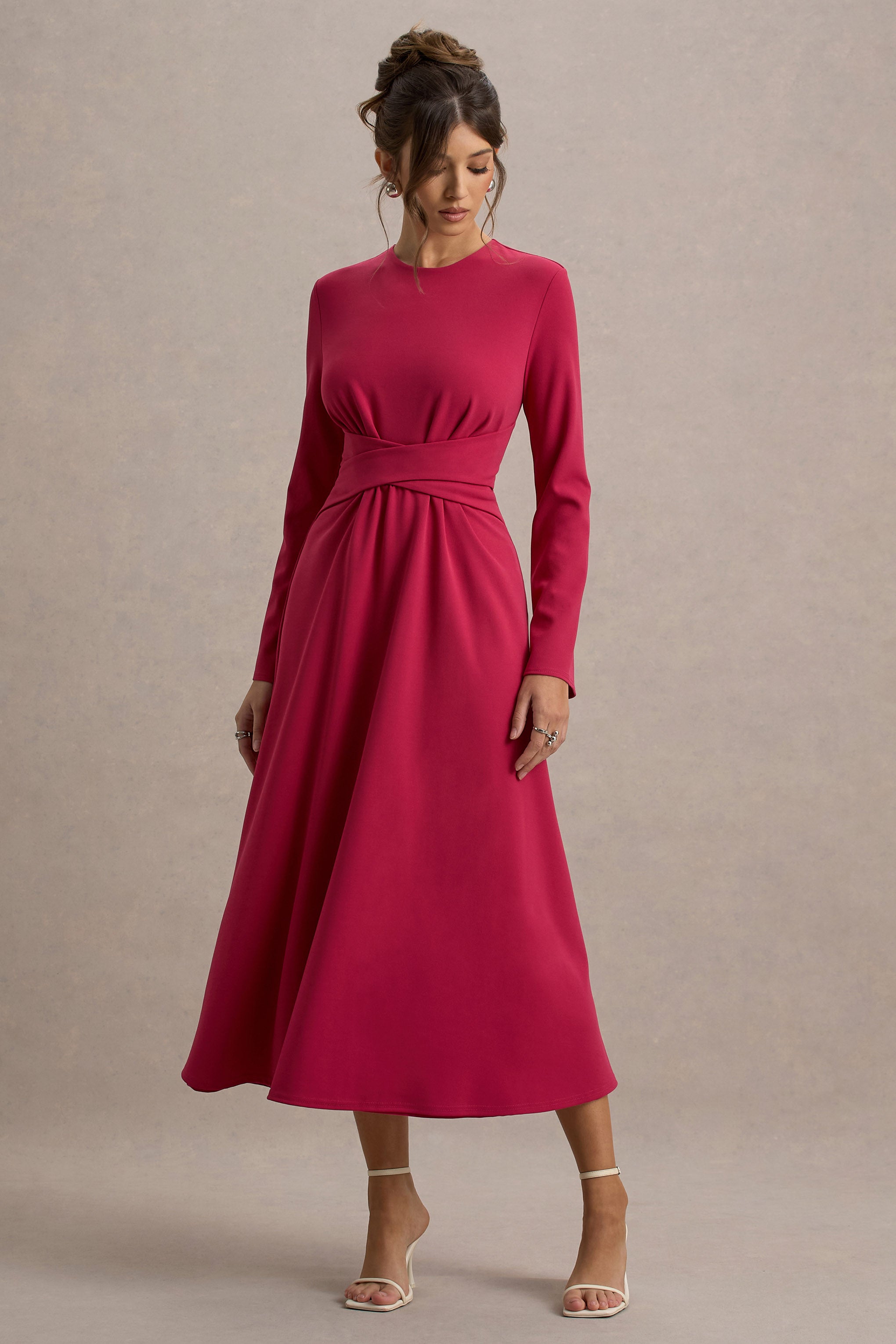Cassiopeia | Lemon Long-Sleeve Midi Dress With Cross Waist-Sowoom