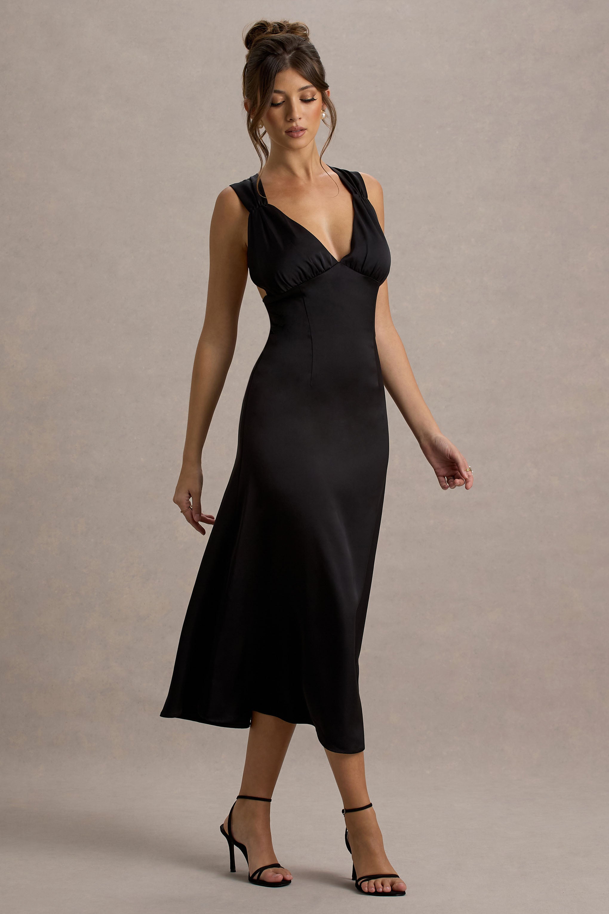 Beck | Black Satin Plunge-Neck Cross-Back Midi Dress-Sowoom