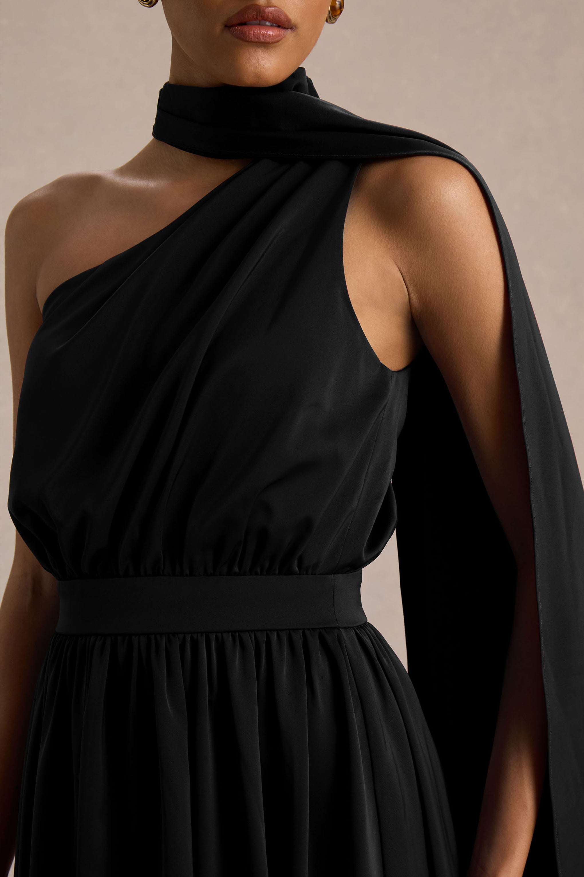 Caluna | Black Satin Asymmetric-Neck Midi Dress With Scarf-Detail-Sowoom