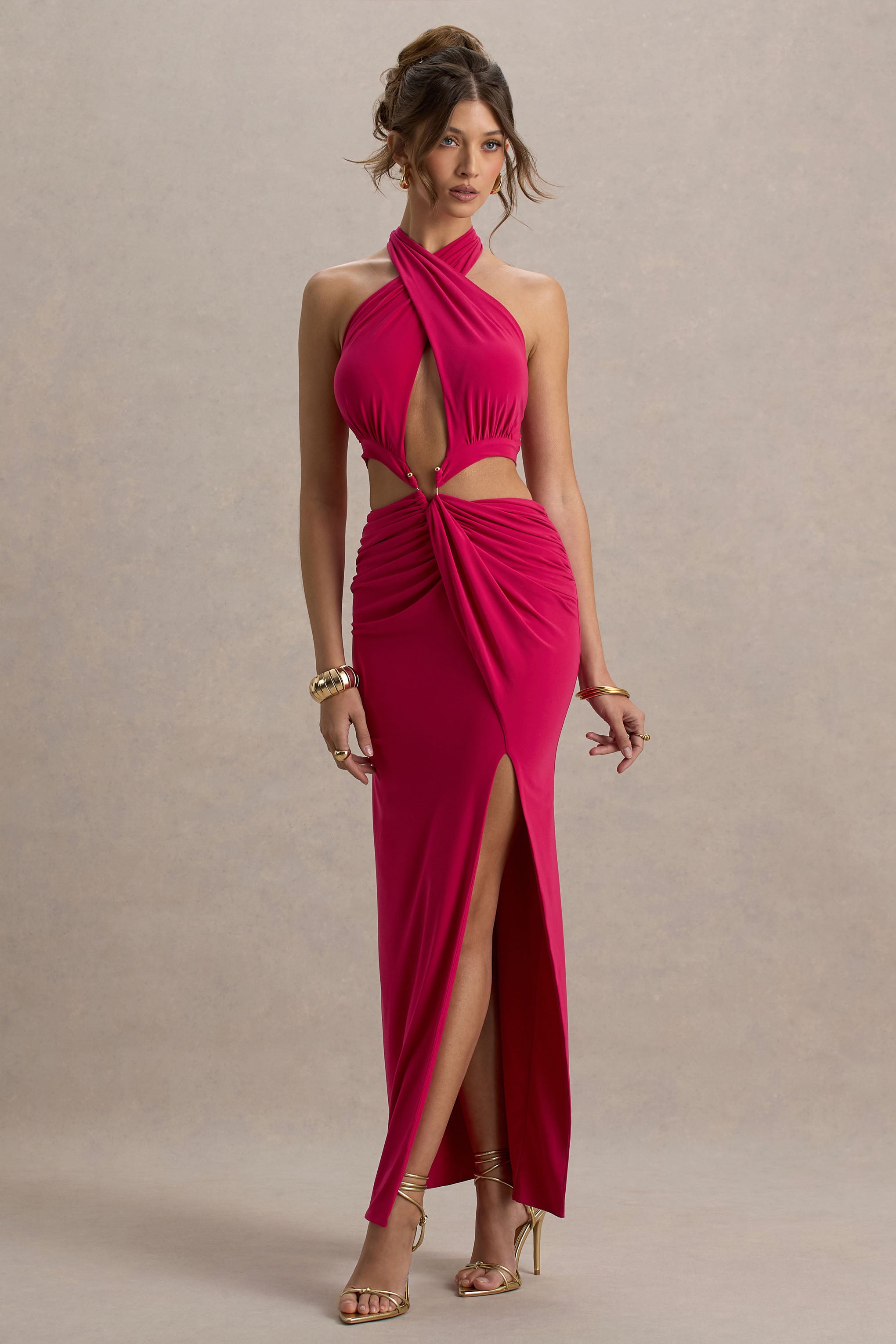 Aura | Hot Pink Halter-Neck Cut-Out Split Maxi Dress-Sowoom