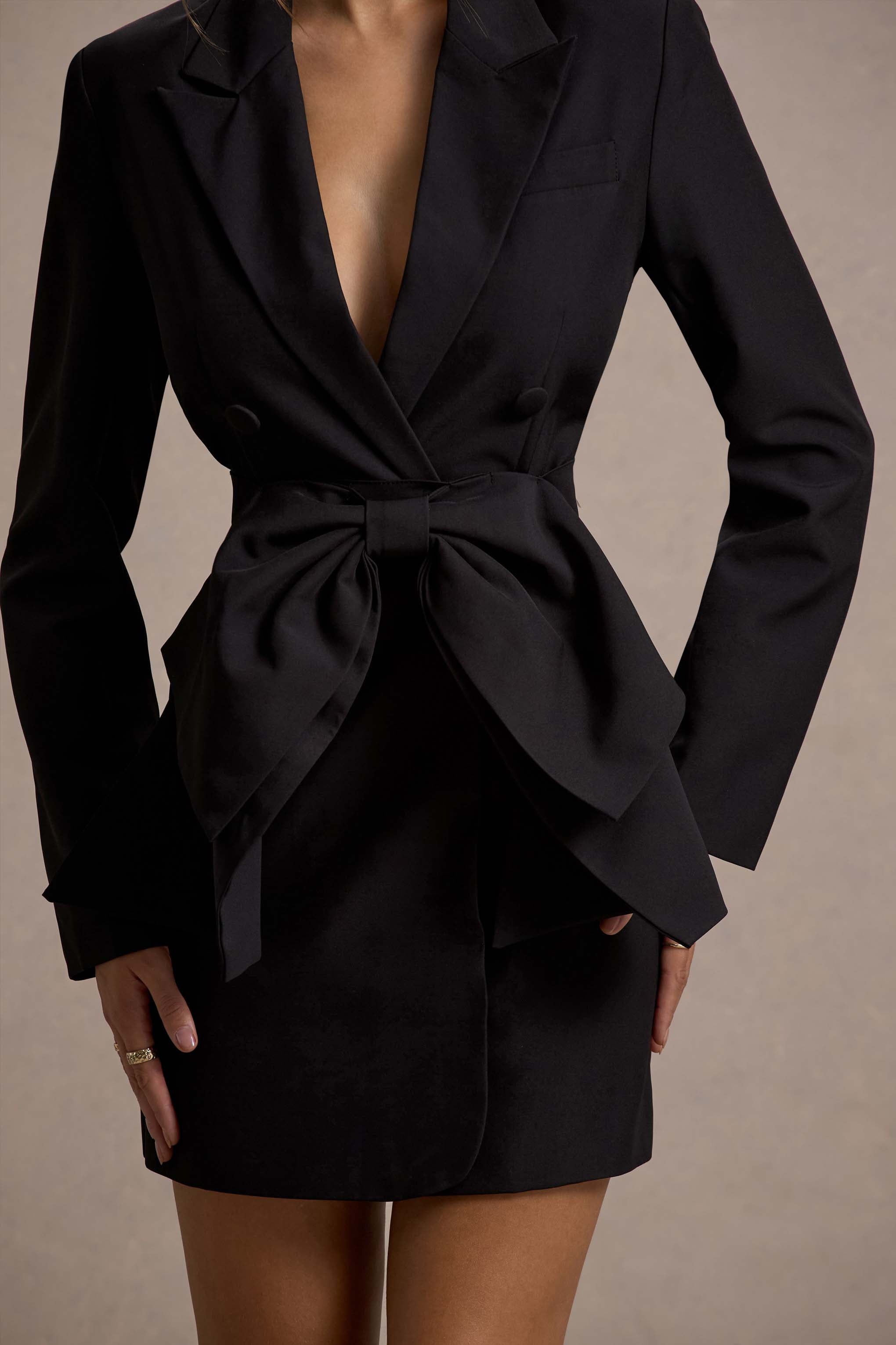 Prized | Black Tailored Blazer Mini Dress With Bow-Sowoom