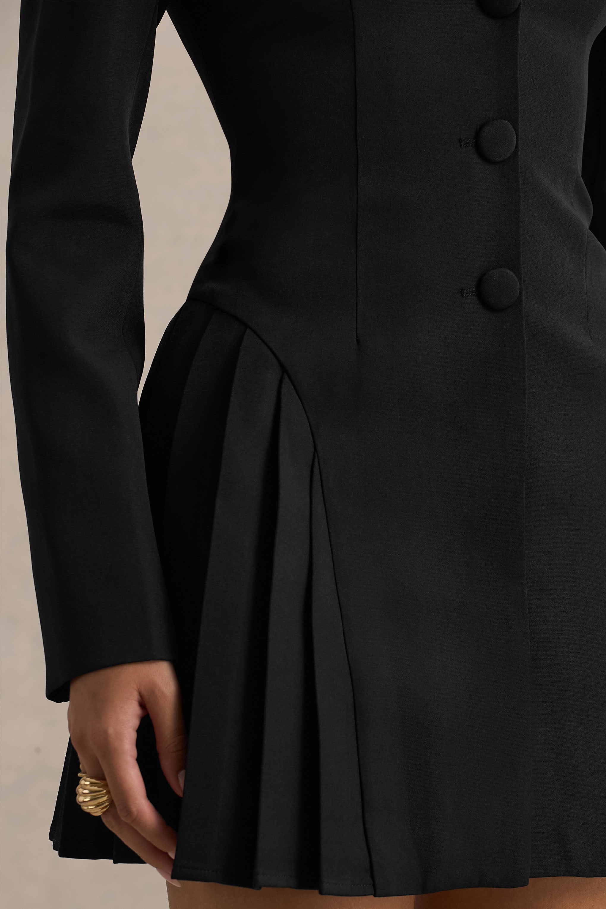 Blossoming | Black Plunge-Neck Tailored Mini Dress With Pleating-Sowoom