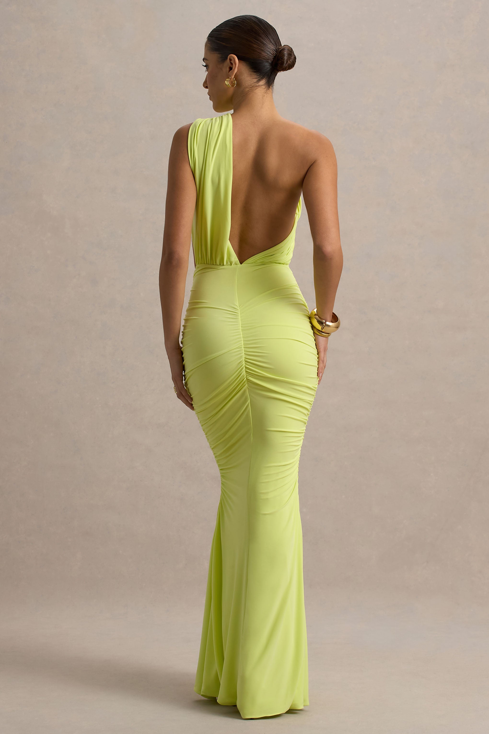 Beline | Lime Green One-Shoulder Cut-Out Maxi Dress With Drape-Sowoom