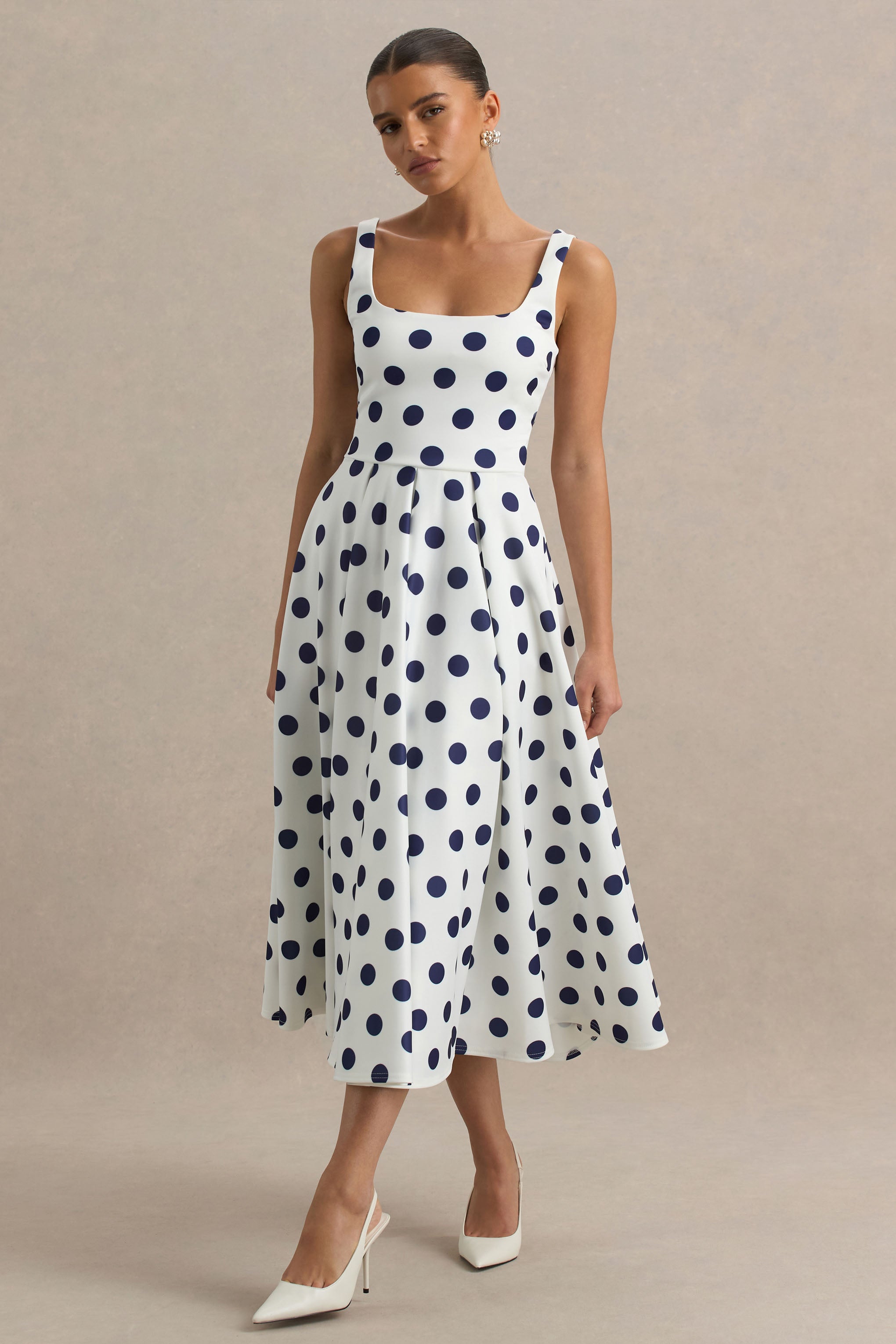 Berta | White And Navy Polka-Dot Square-Neck Midi Dress-Sowoom