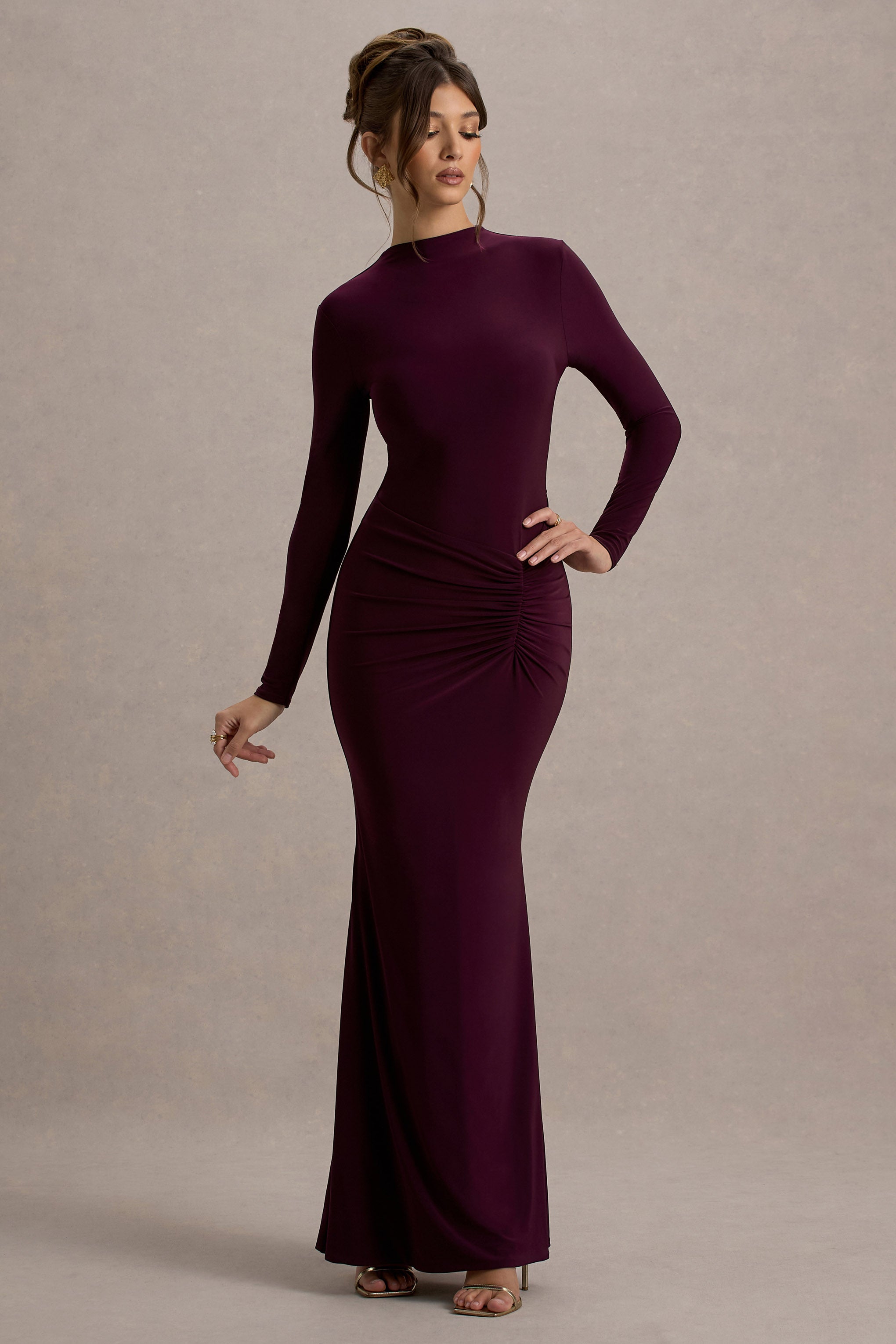 Reid | Plum Long-Sleeve Gathered Maxi Dress-Sowoom