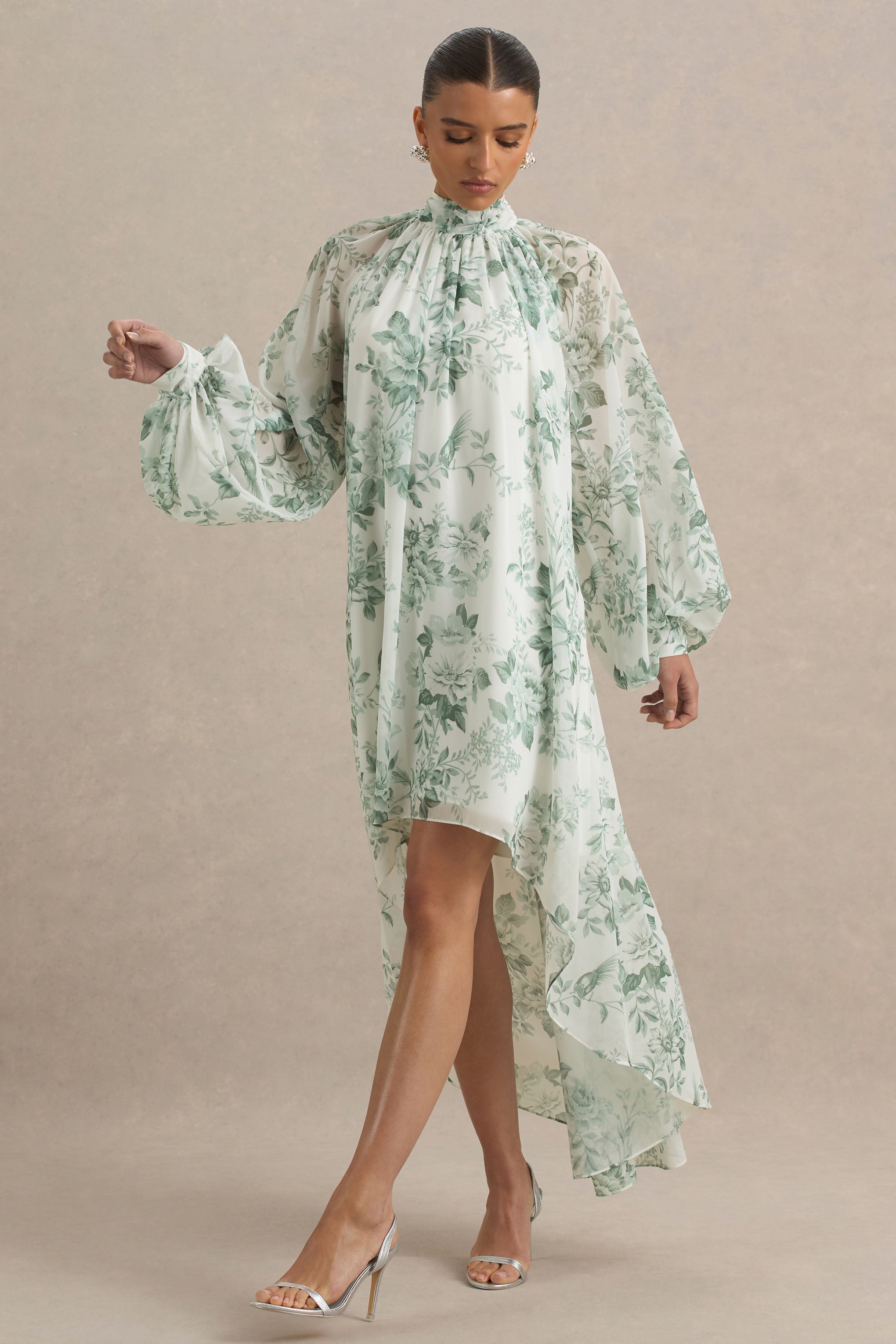 Delphia | Green Floral Print High-Neck Maxi Dress-Sowoom
