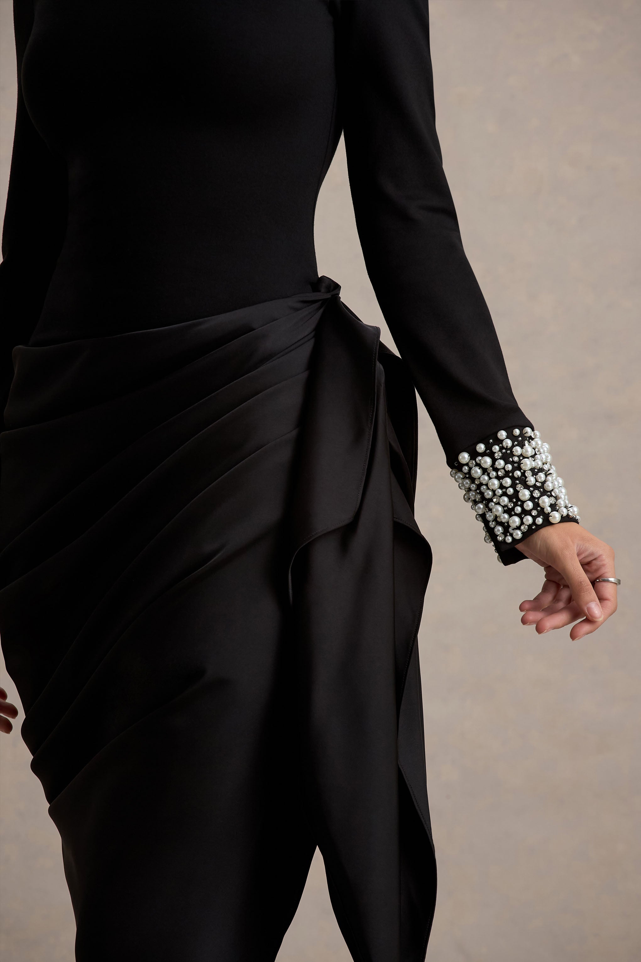 Luanna | Black Satin Long-Sleeve Midi Dress With Draped Skirt And Embellised Cuffs-Sowoom