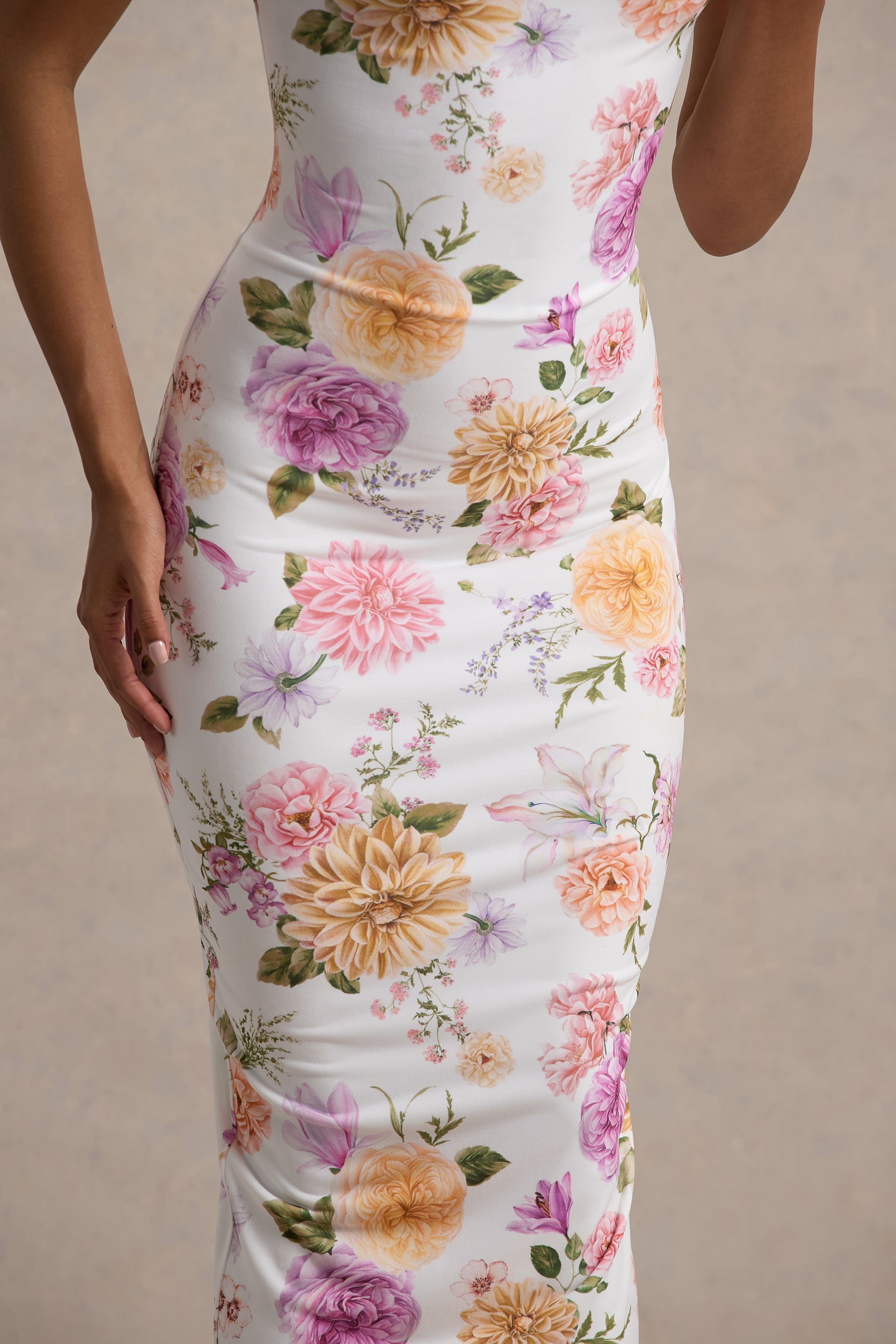 Nora | Peach And Lilac Floral Twisted Asymmetric Midi Dress-Sowoom
