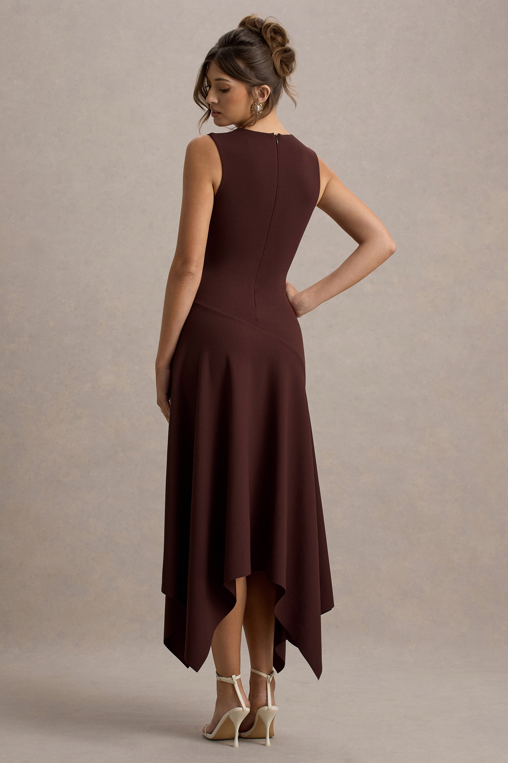 Francesca | Brown Knotted Midi Dress With Handkerchief Hem-Sowoom