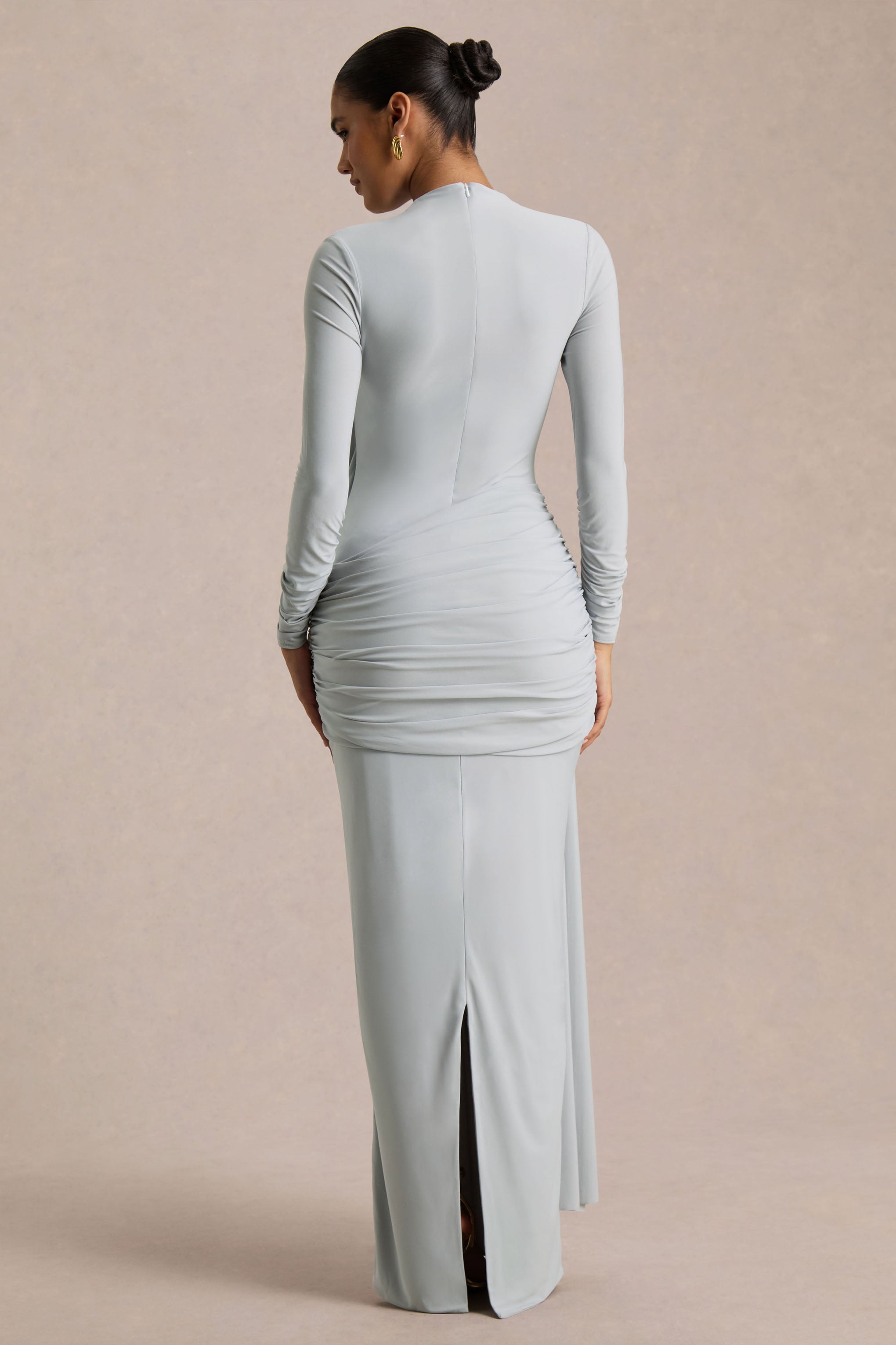 Melissa | Blue Long-Sleeve Wrap Maxi Dress With Draped Detailing-Sowoom