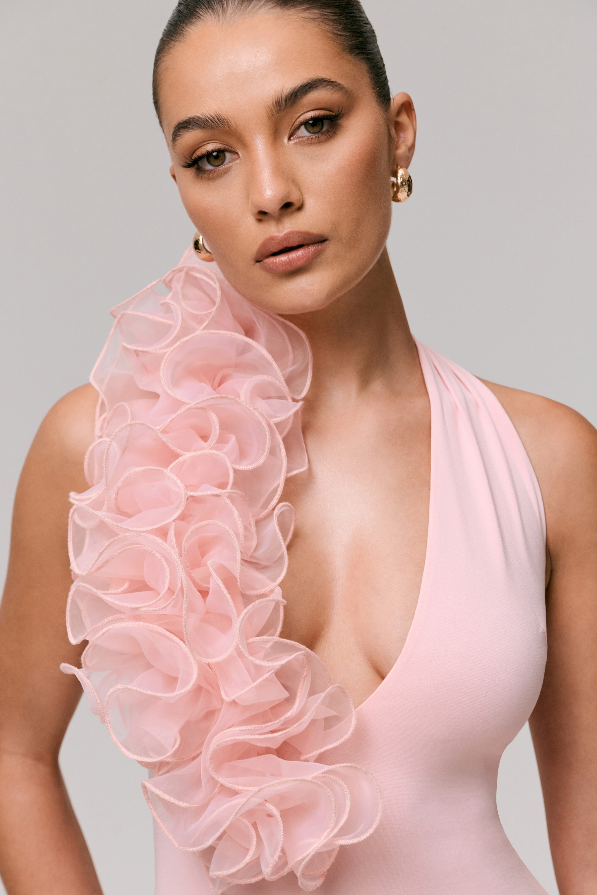 Harriet | Pink Plunge-Neck Maxi Dress With Floral Detail-Sowoom