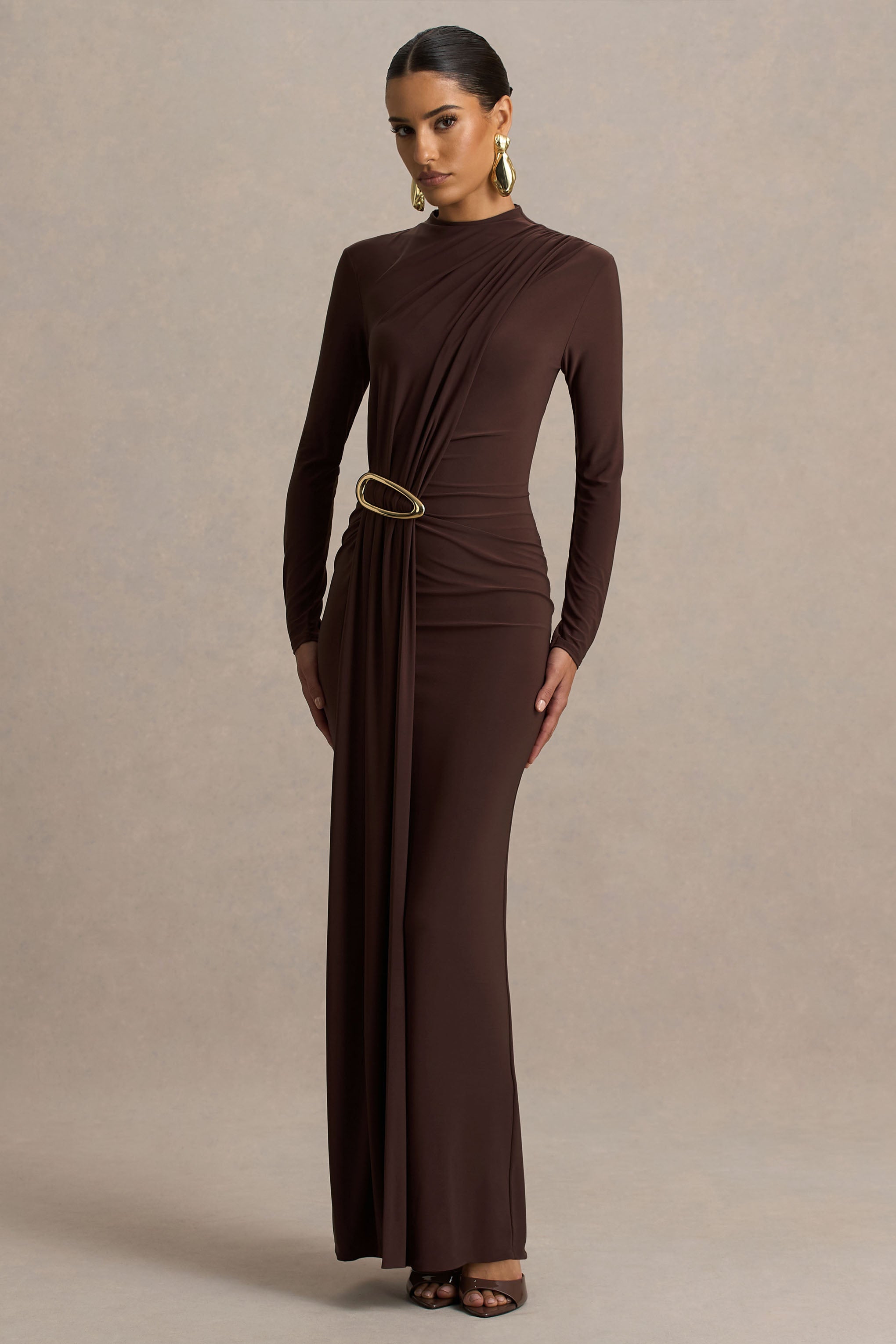 Zadie | Brown High-Neck Maxi Dress With Gathered-Detail-Sowoom