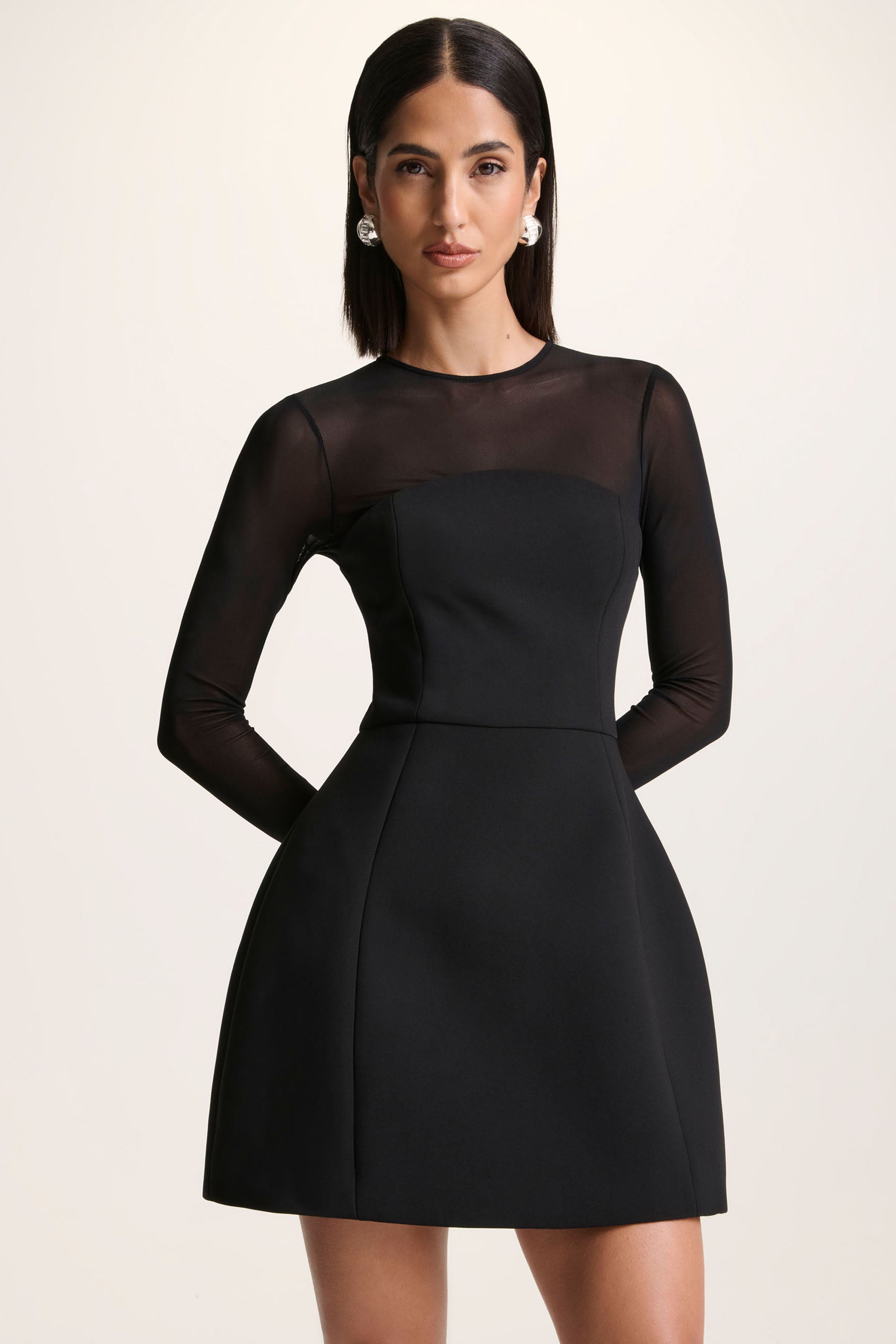 Aviana | Black Mesh Crew-Neck Mini Dress-Sowoom