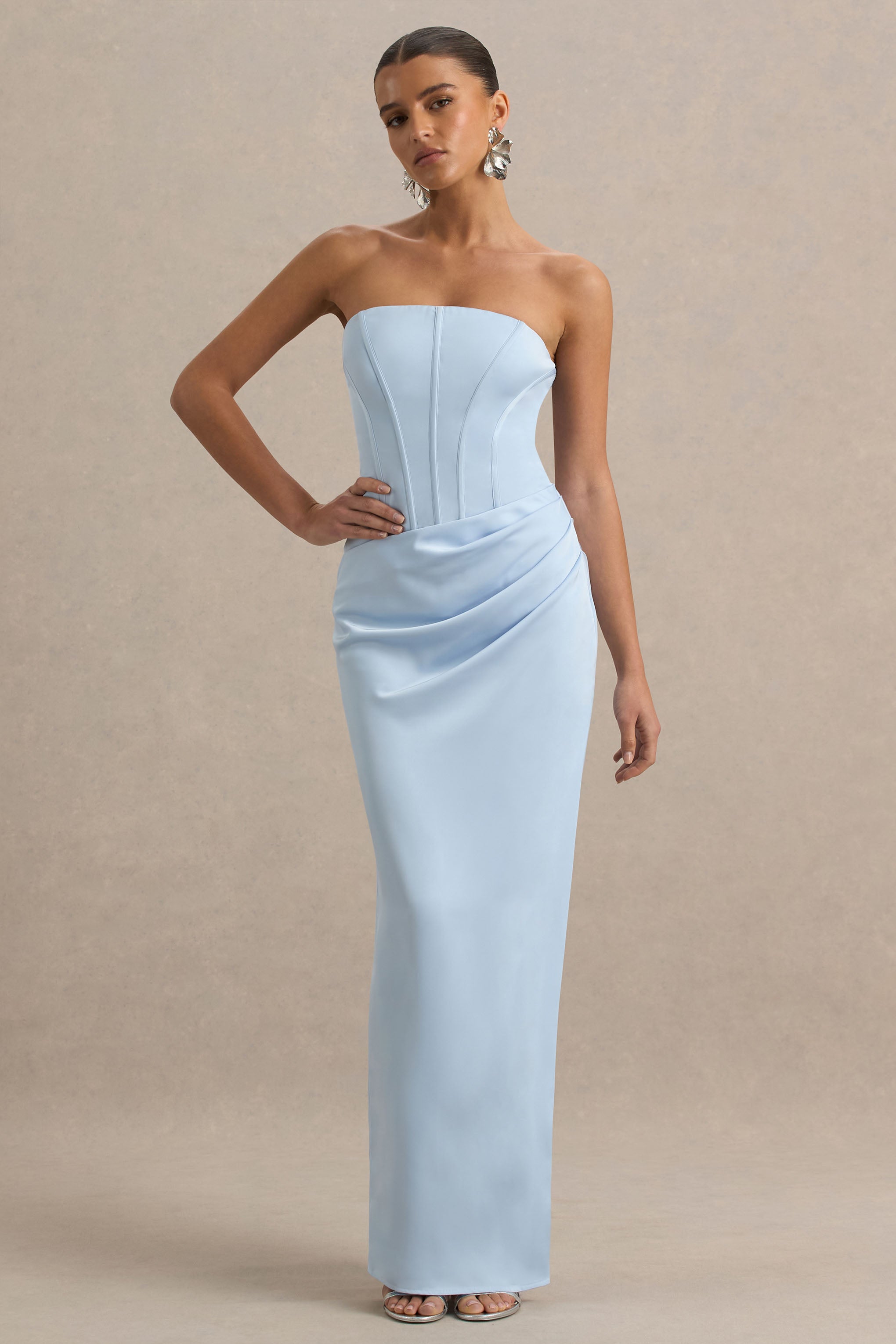 Joseline | Powder Blue Satin Corset Wrap Maxi Dress With Scarf-Sowoom
