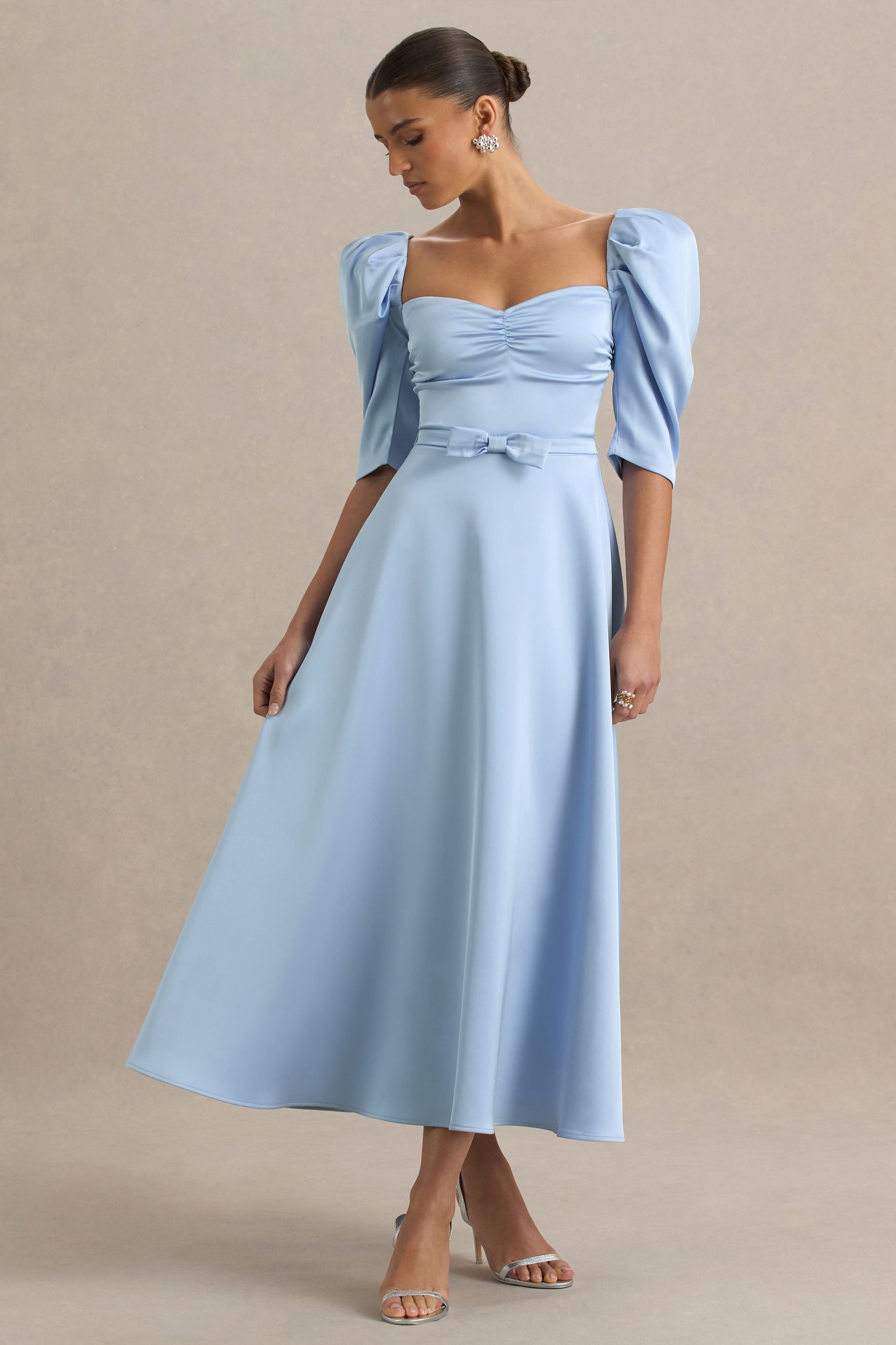 Rosey | Powder Blue Satin Sweetheart Midi Dress-Sowoom