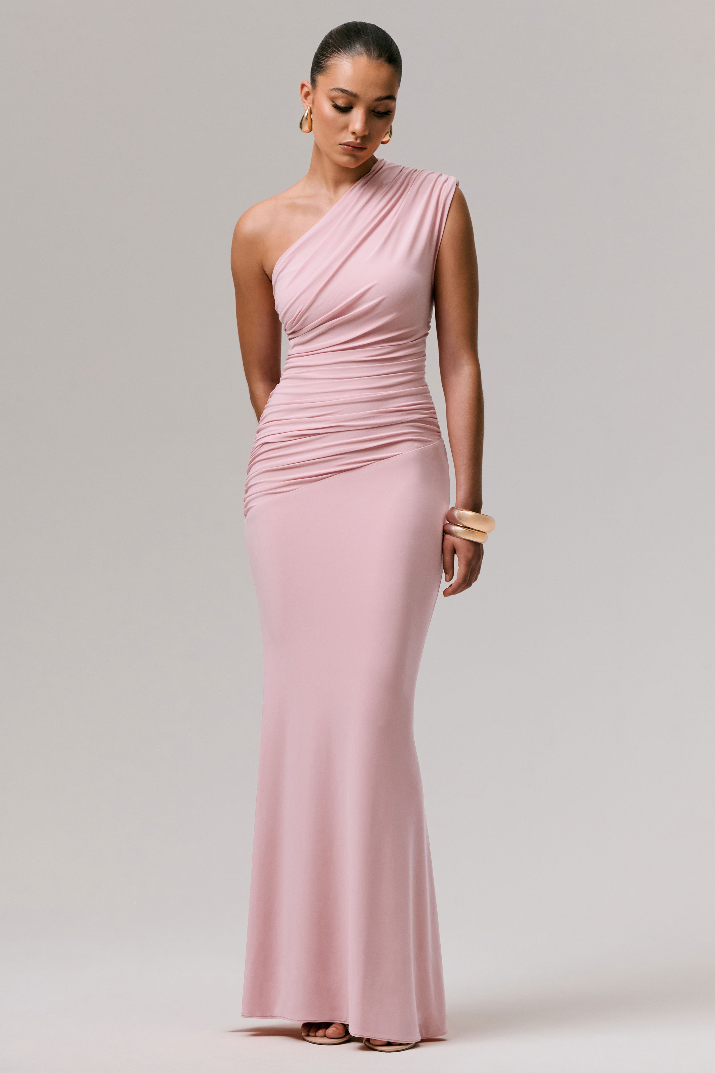 Mardi | Pink Asymmetric Maxi Dress With Ruching-Sowoom