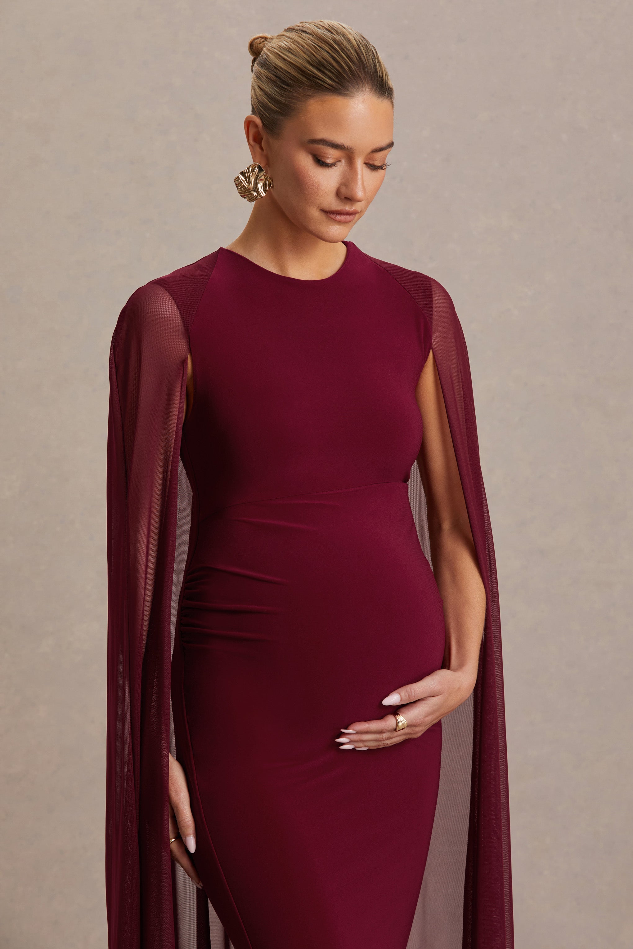 Currant | Berry High-Neck Maternity Maxi Dress With Cape-Sowoom