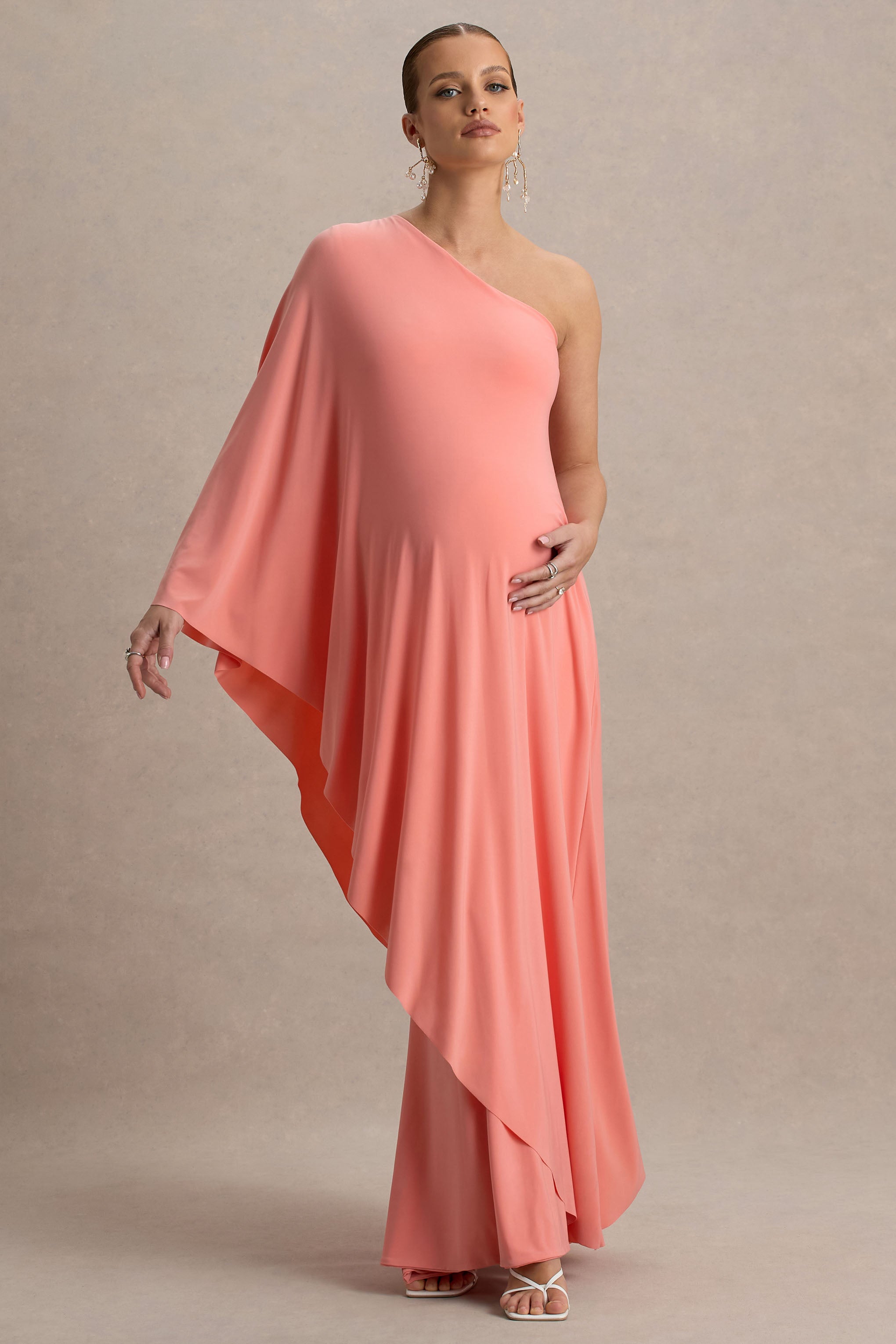 Waves | Coral Asymmetric Maternity Maxi Dress With One-Sleeve Cape-Sowoom