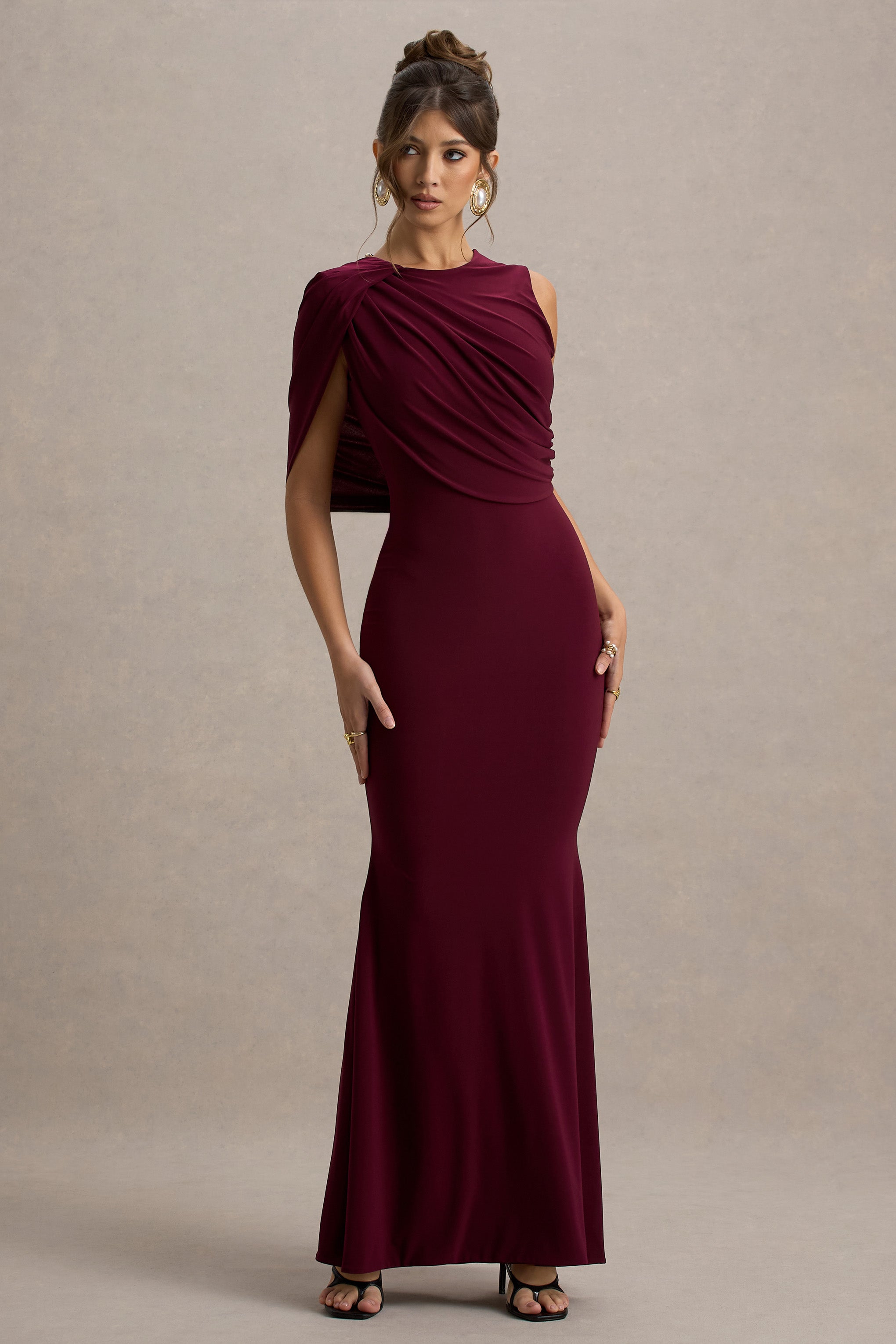 Rae | Burgundy Maxi Dress With One-Sleeve Cape-Sowoom