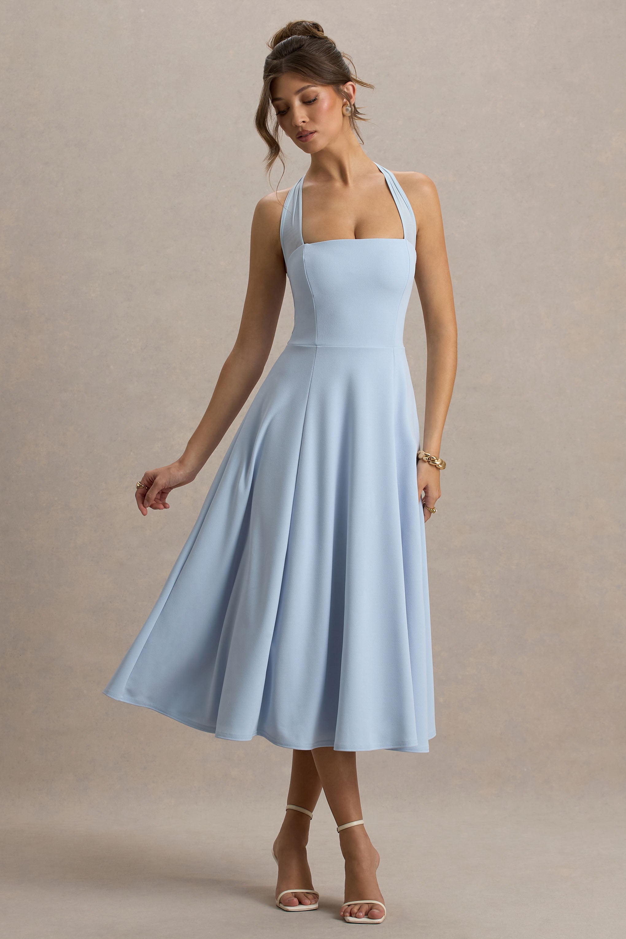 Auburn | Powder Blue Halter-Neck Midi Dress-Sowoom
