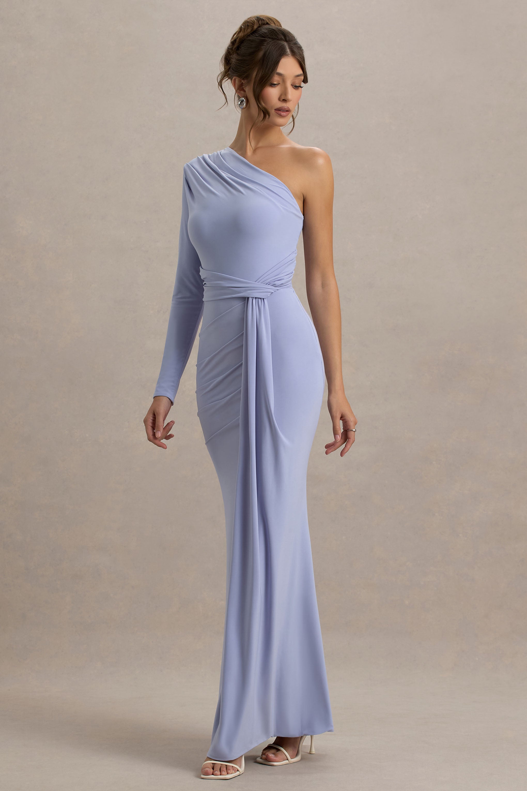 Sanya | Pale Blue Asymmetric One Sleeve Wrap Maxi Dress with Drape-Sowoom
