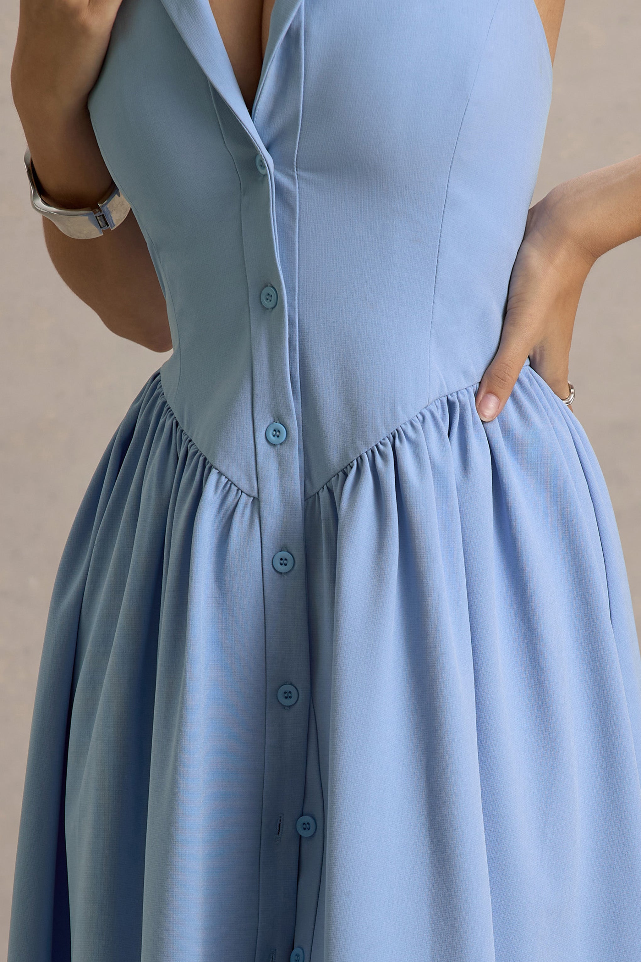 Samsara | Light Blue Plunge-Neck Collared Midi Dress-Sowoom