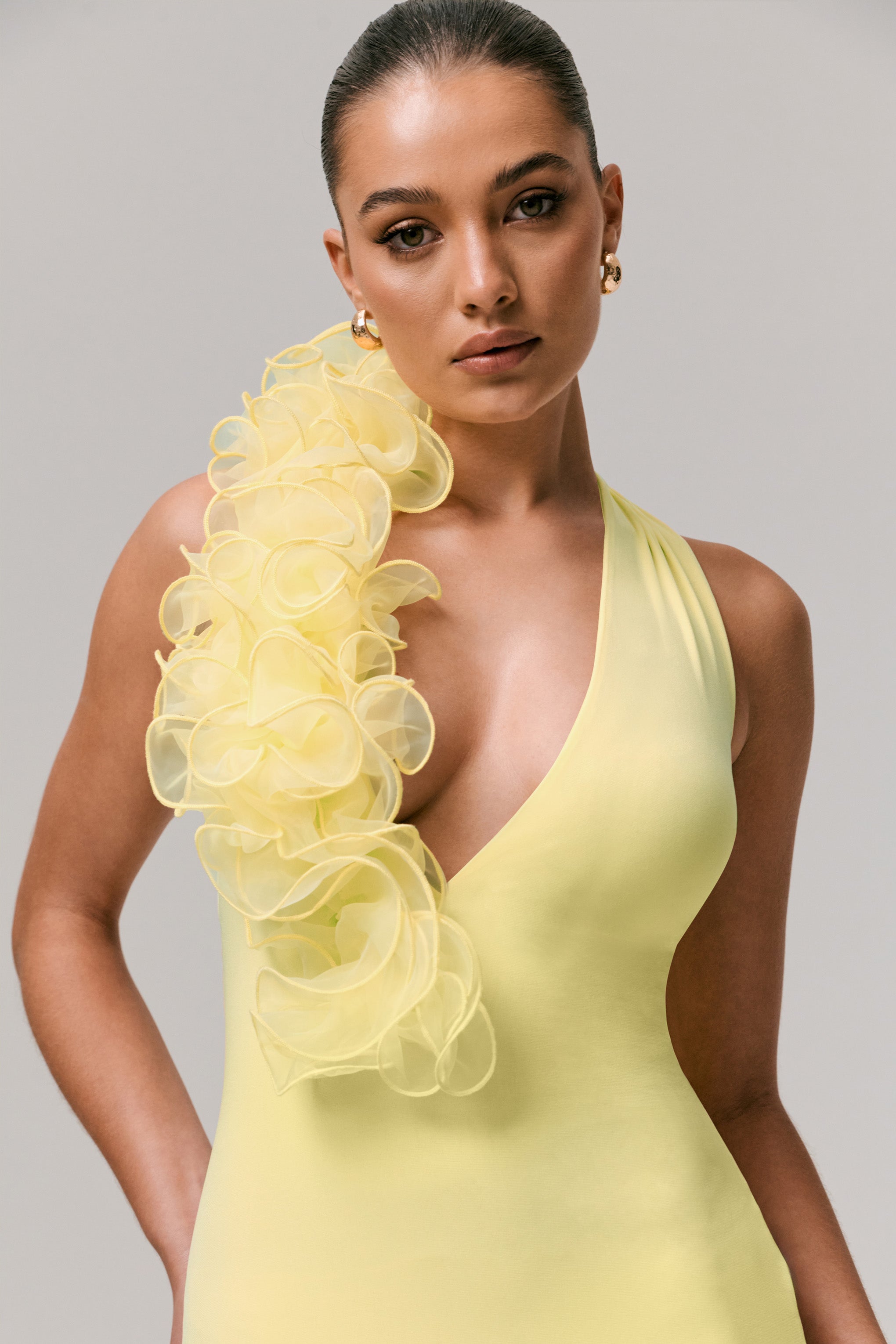 Harriet | Lemon Plunge-Neck Maxi Dress With Floral Detail-Sowoom