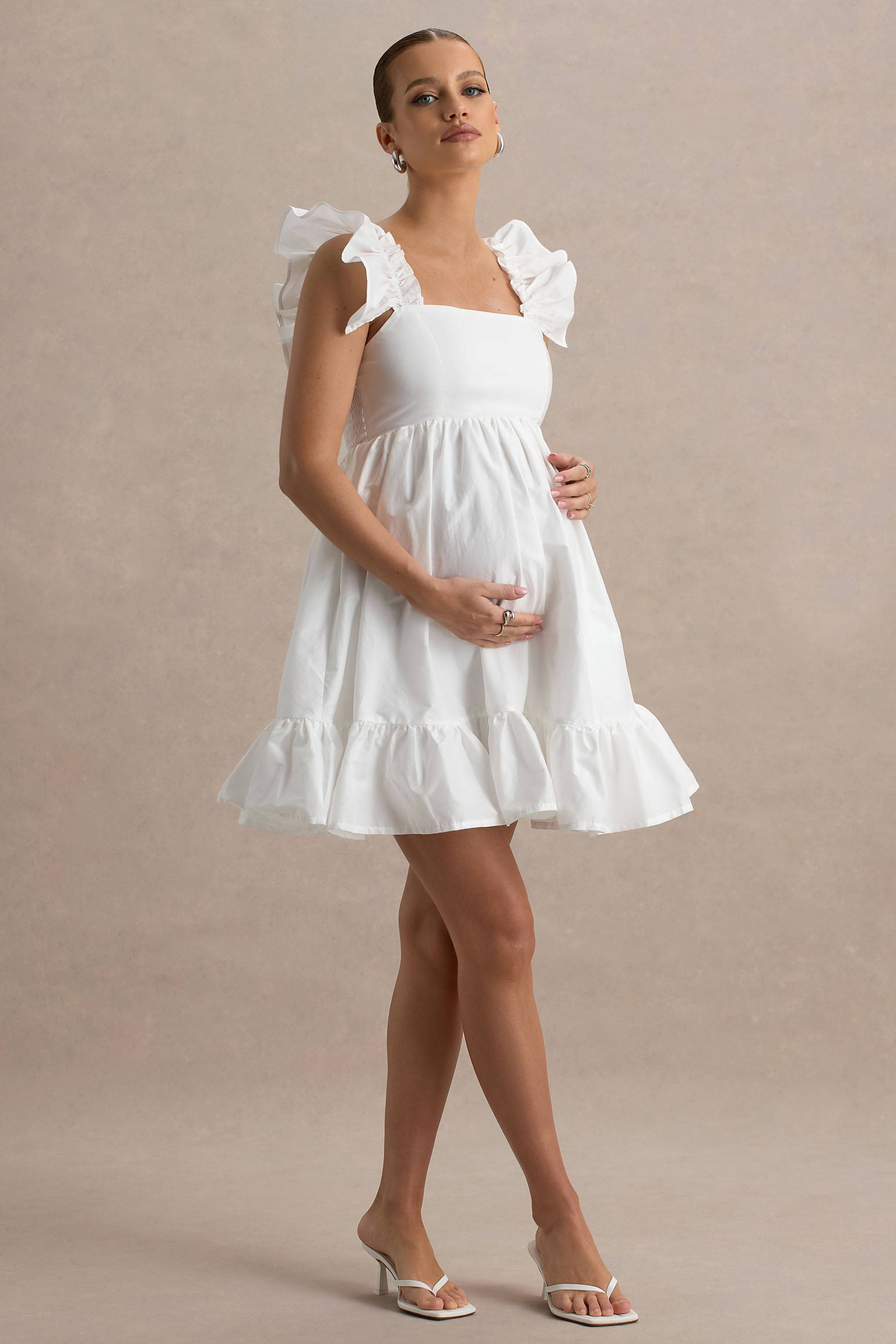 Dolly Daze | White Ruffle Sleeve Babydoll Maternity Mini Dress-Sowoom