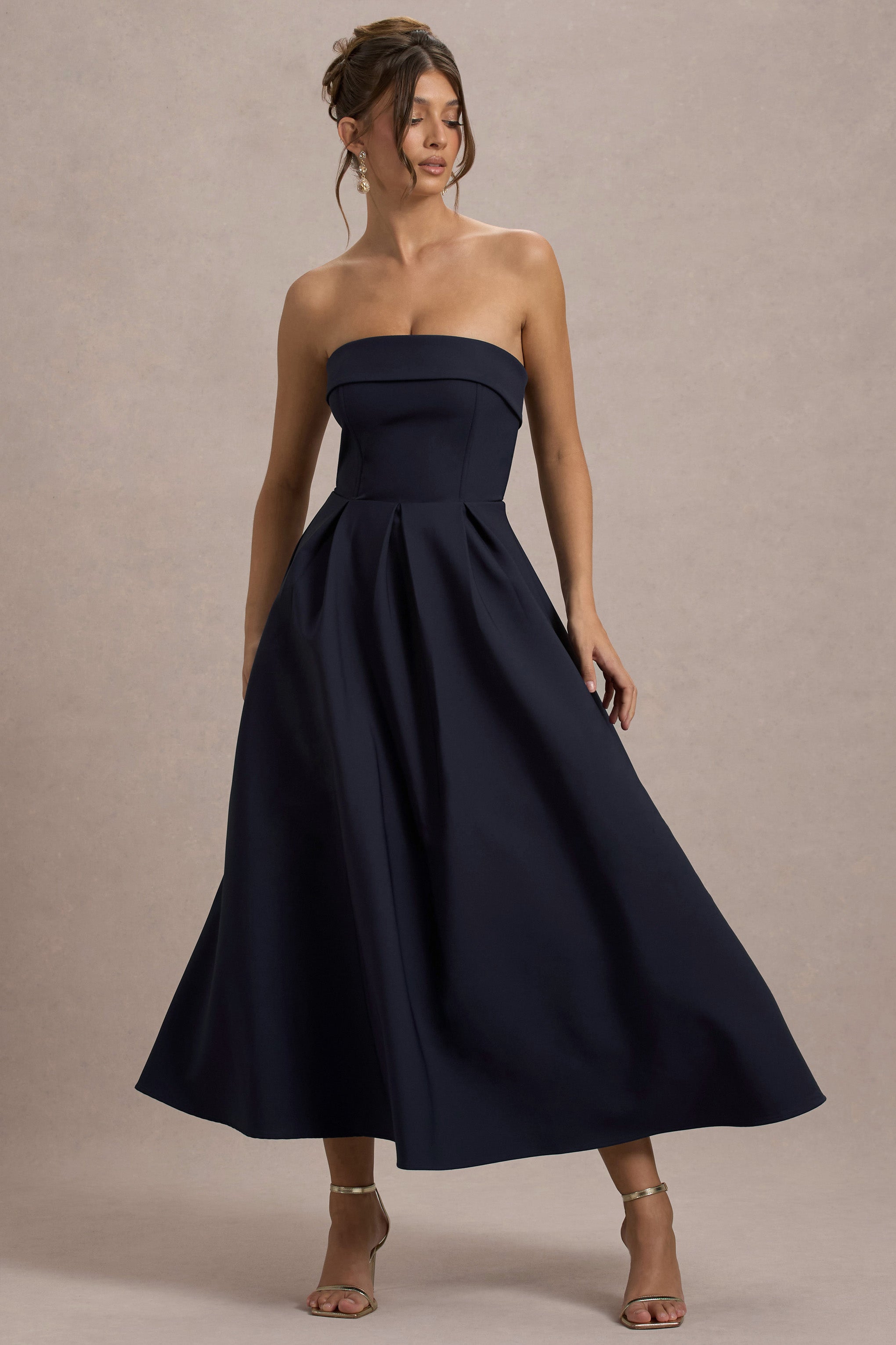 Annalise | Navy Bandeau Skater Midi Dress-Sowoom