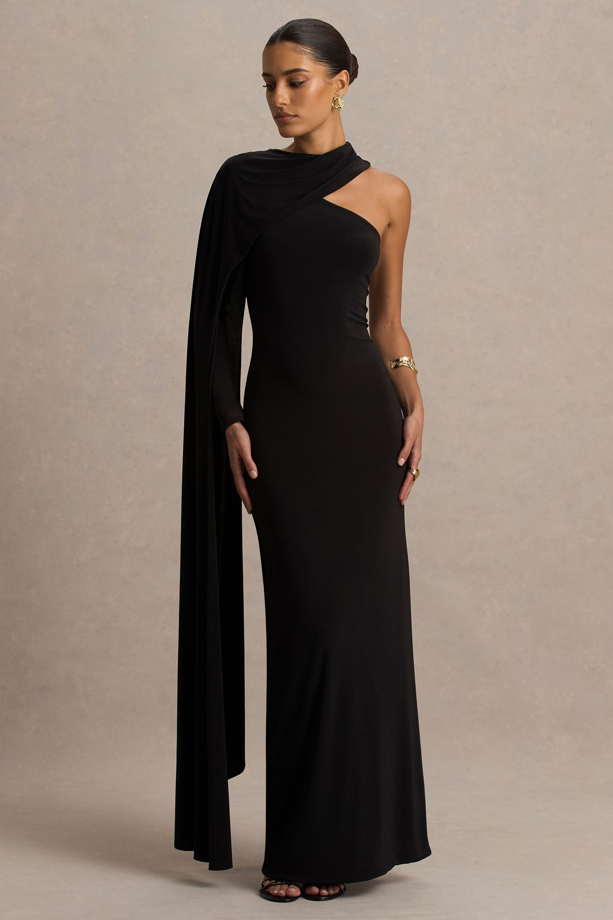 Dawn | Black High-Neck Maxi Dress With One Long Cape-Sleeve-Sowoom