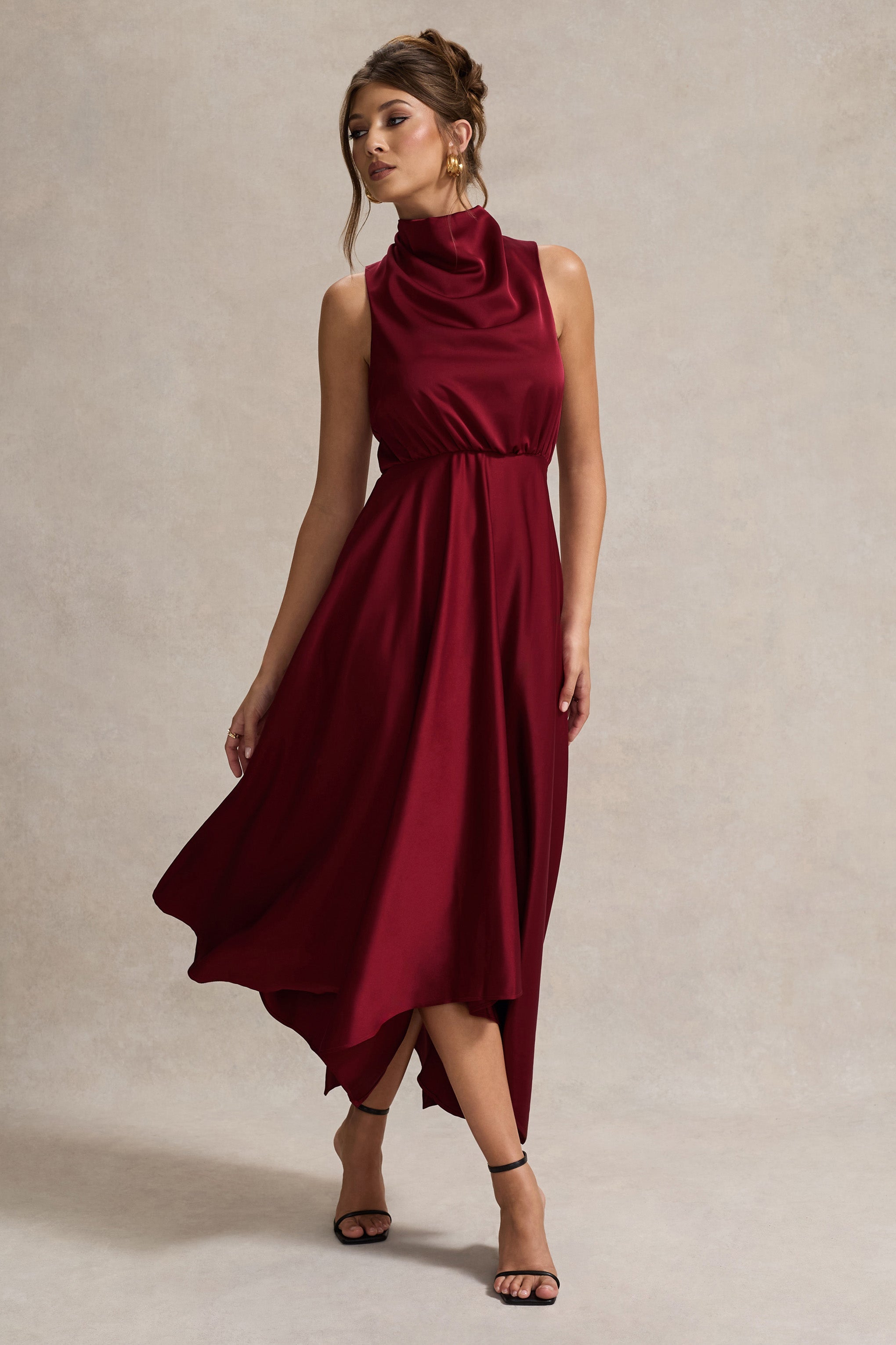 Kerri | Berry Satin Cowl-Neck Maxi Dress-Sowoom